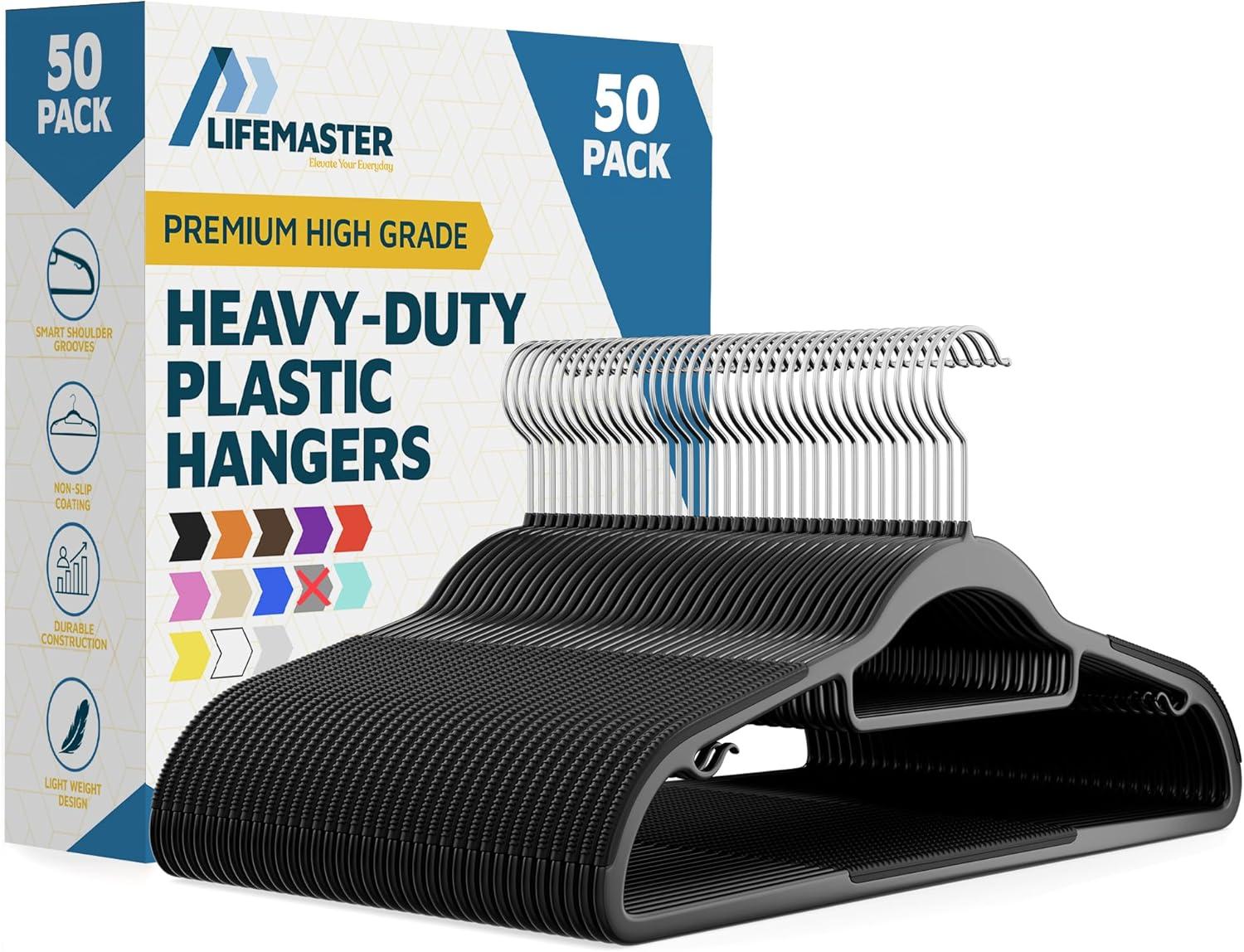 Lifemaster Dry Wet Cloth Hangers with 360° Swivel Hook, Non-Slip, Space-Saving, Sleek Design Black - Pack of 50