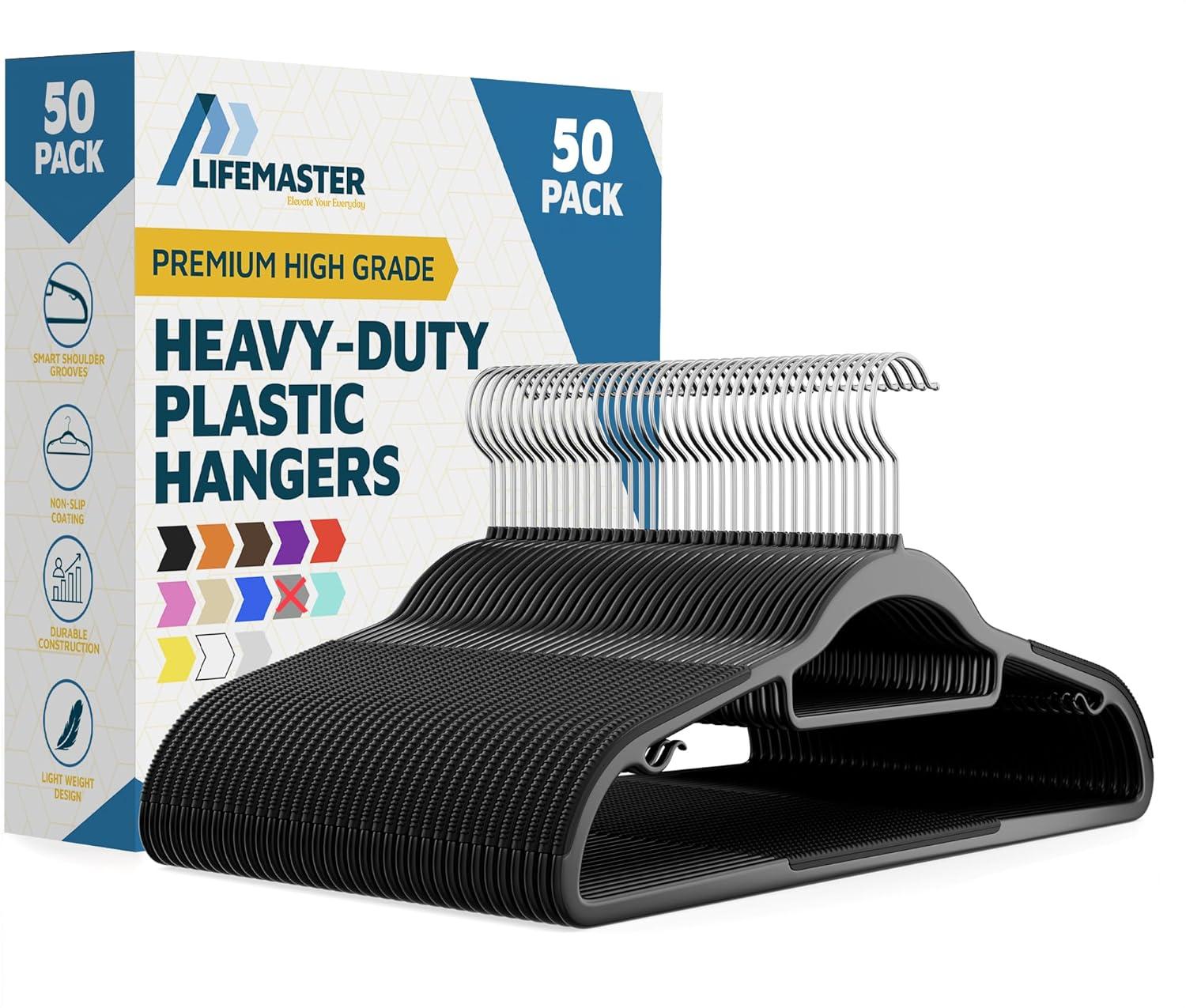 Lifemaster Dry Wet Cloth Hangers with 360° Swivel Hook, Non-Slip, Space-Saving, Sleek Design Black - Pack of 50