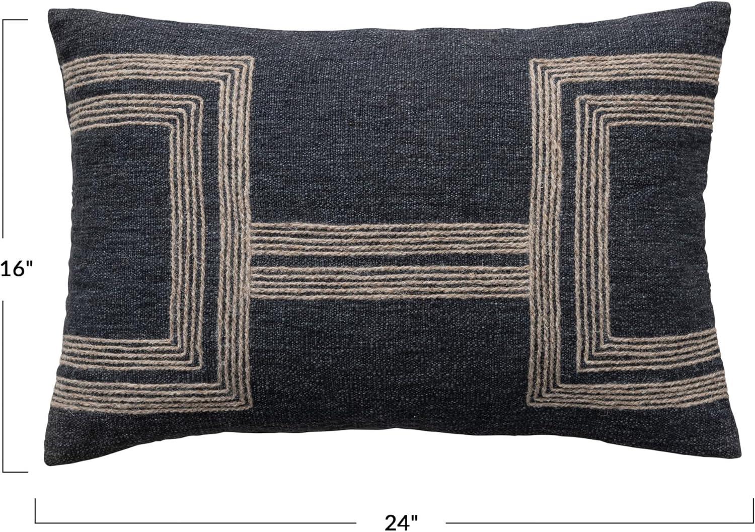 24-Inch Charcoal Cotton Blend Lumbar Pillow with Jute Embroidery