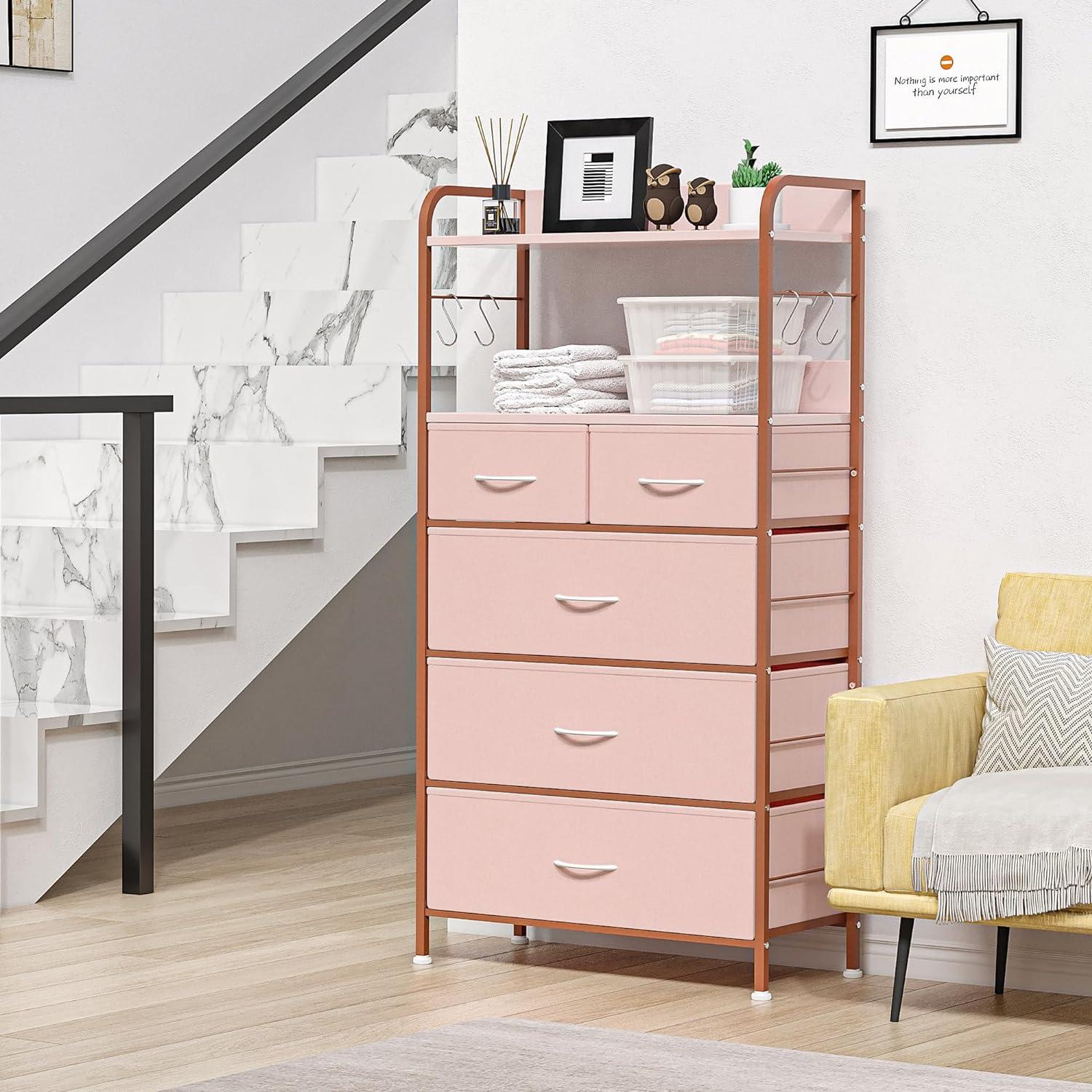 Pink Vertical 5-Drawer Fabric Dresser with Wooden Top