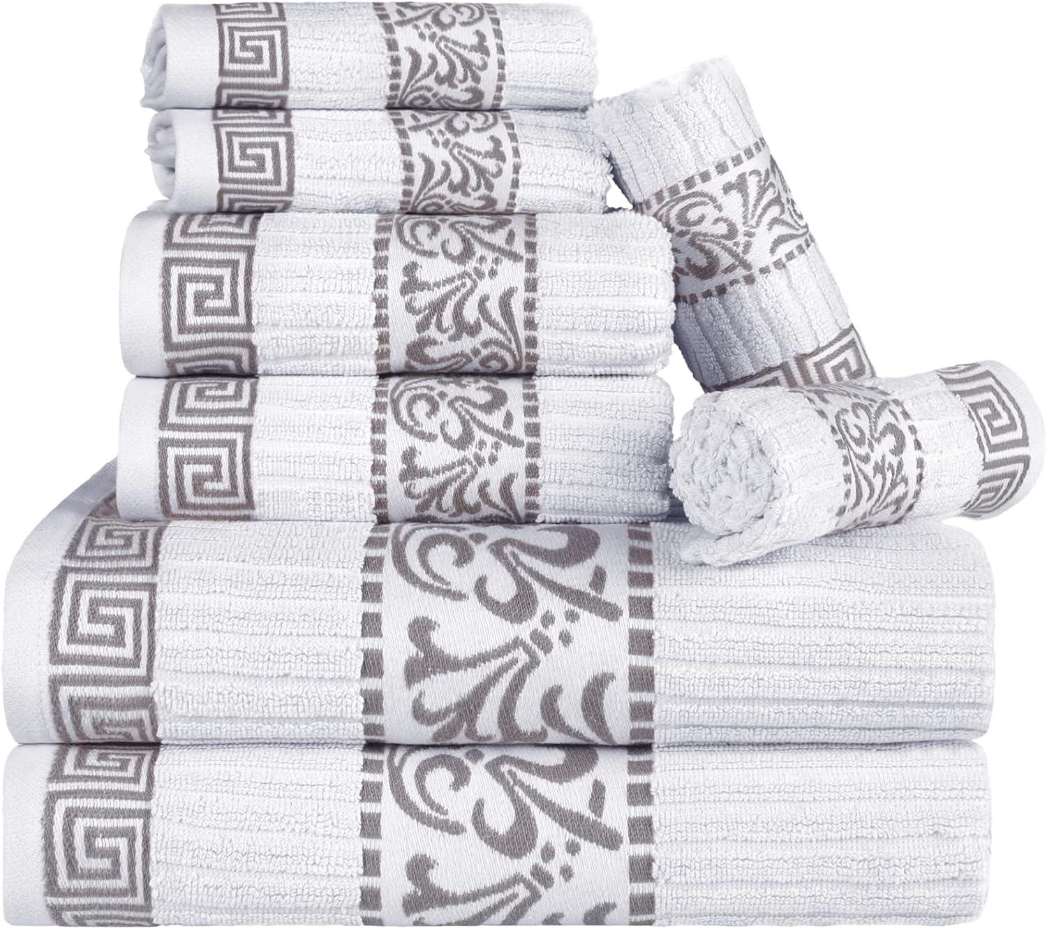 Superior Athens 8-Piece Cotton Greek Scroll Towel Set, White-Chrome