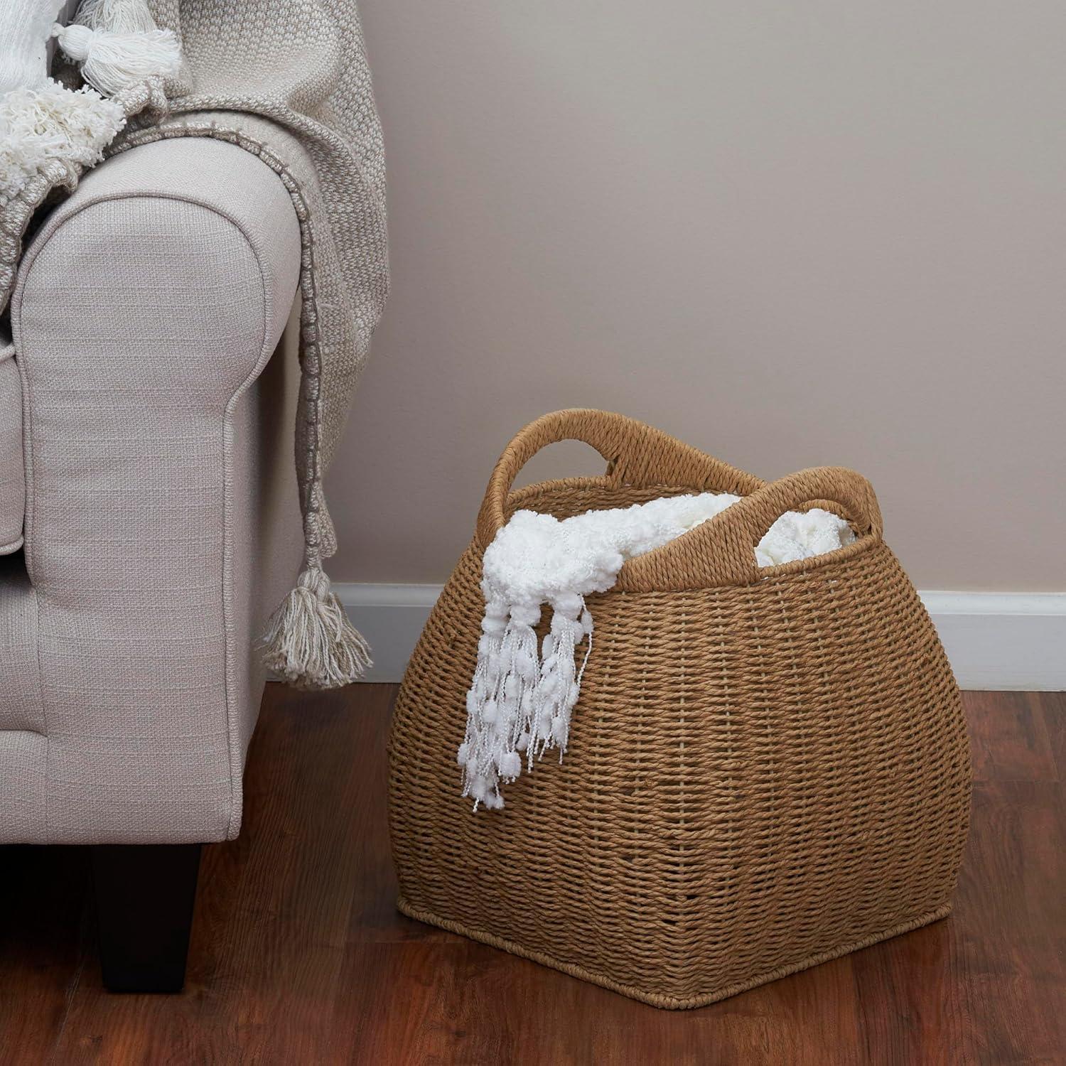 Household Essentials Basket with Handles Seagrass: Handwoven Round Storage, Brown Decorative Wicker, 14" Height