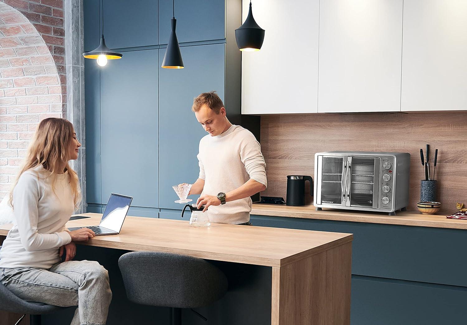 MODERN WALLS LLC French Door 47.5Qt, 18-Slice Convection Oven 4-Control Knobs, Bake Broil Toast Rotisserie Keep Warm, Includes Pizza Racks