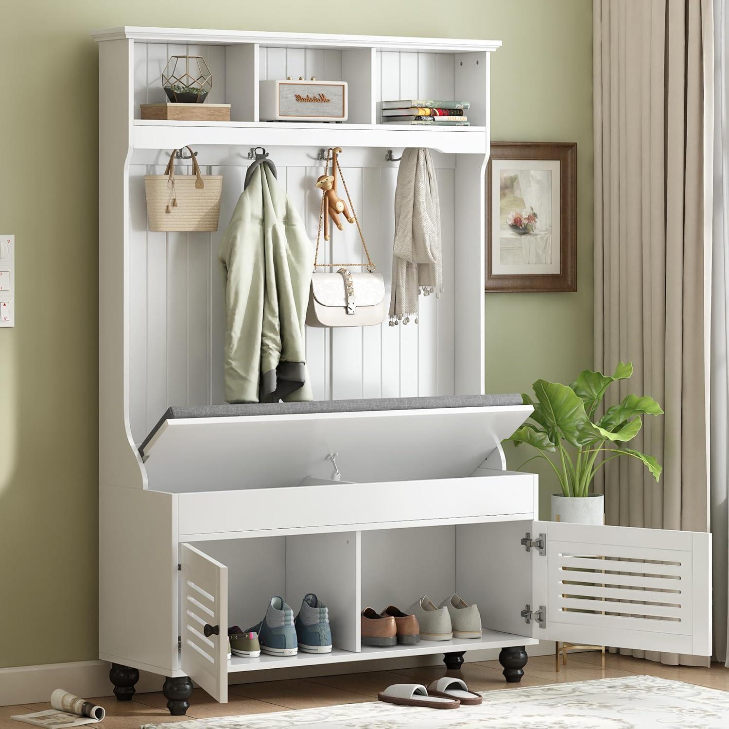 White MDF Hall Tree with Storage Bench and Hooks