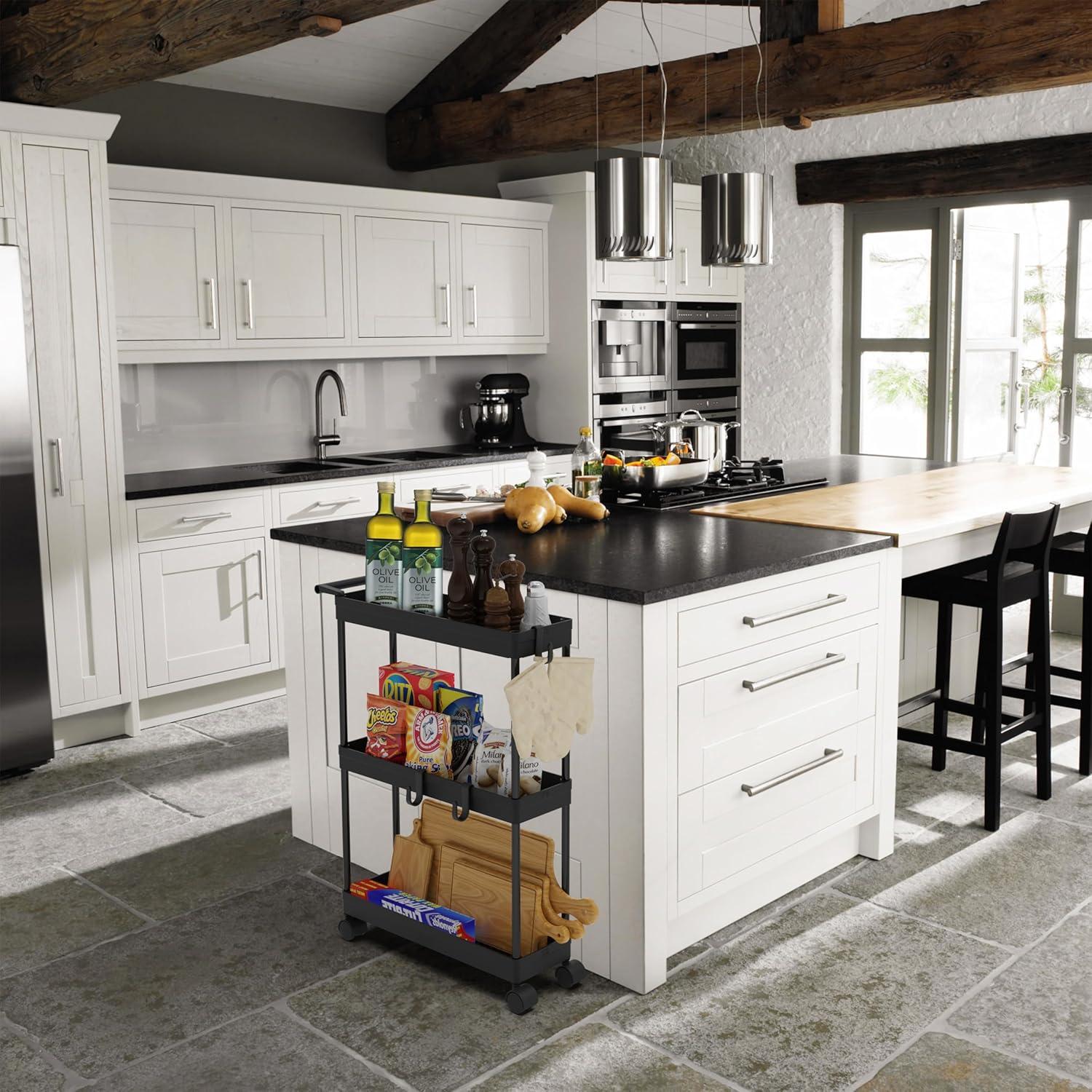 Black Slim 3-Tier Kitchen Cart with Hooks and Handle