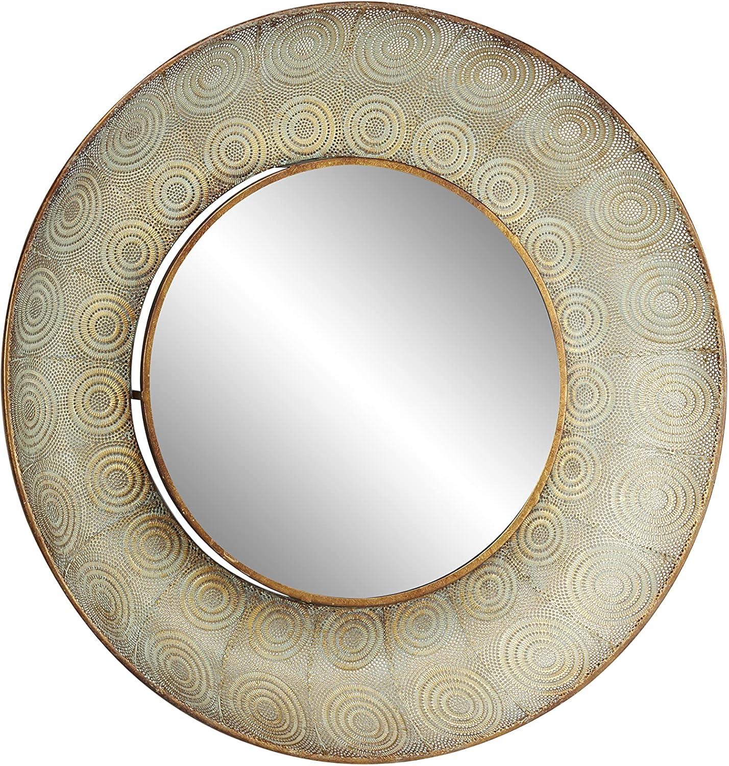 Decmode Pierced Gold Metal Large, Round Wall Mirror with Eclectic Circle Designs, 36” x 36”