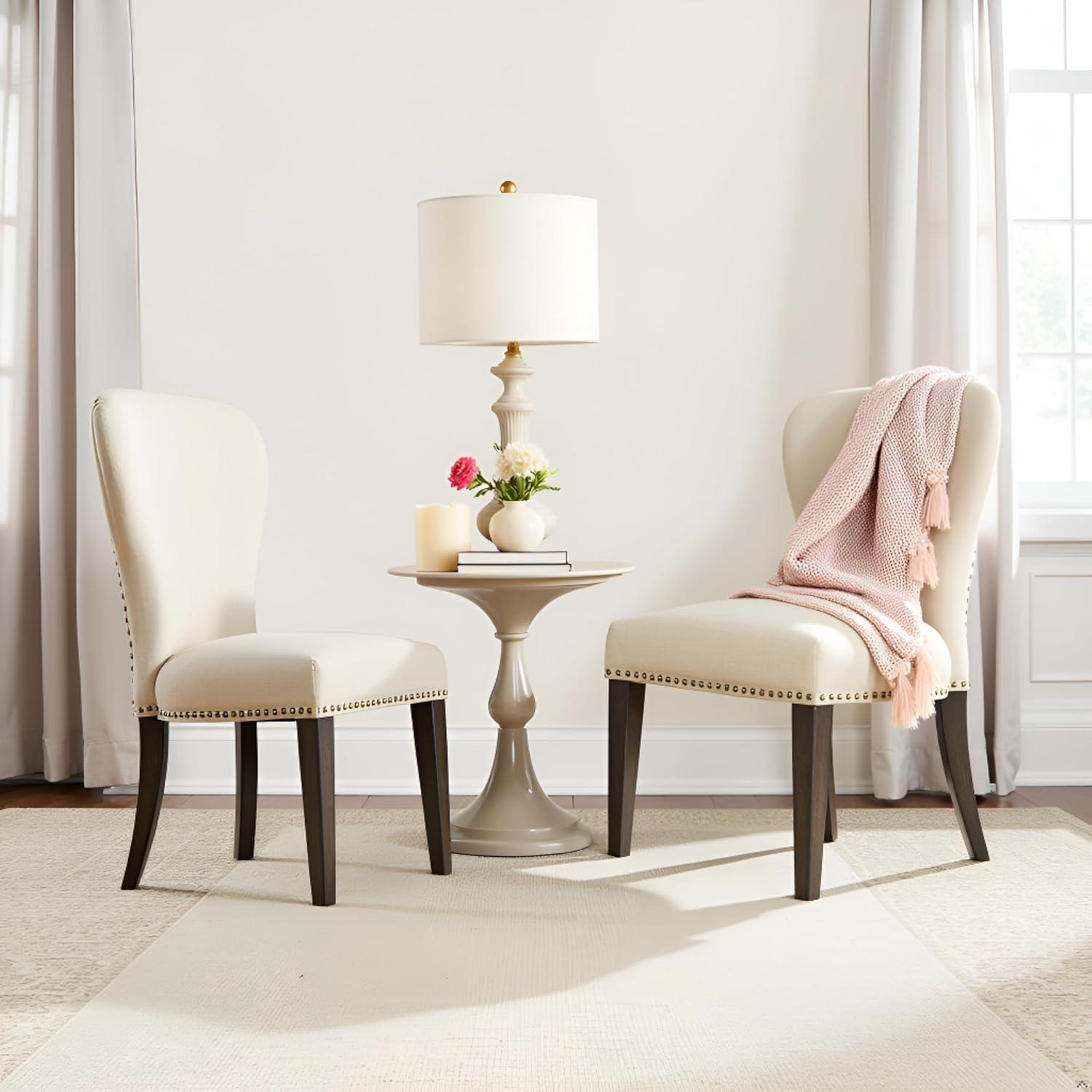 Set of 2 Savoy Upholstered Dining Armless Chairs Cream - Alaterre Furniture: Faux Leather, Nailhead Detail, Rubberwood Frame