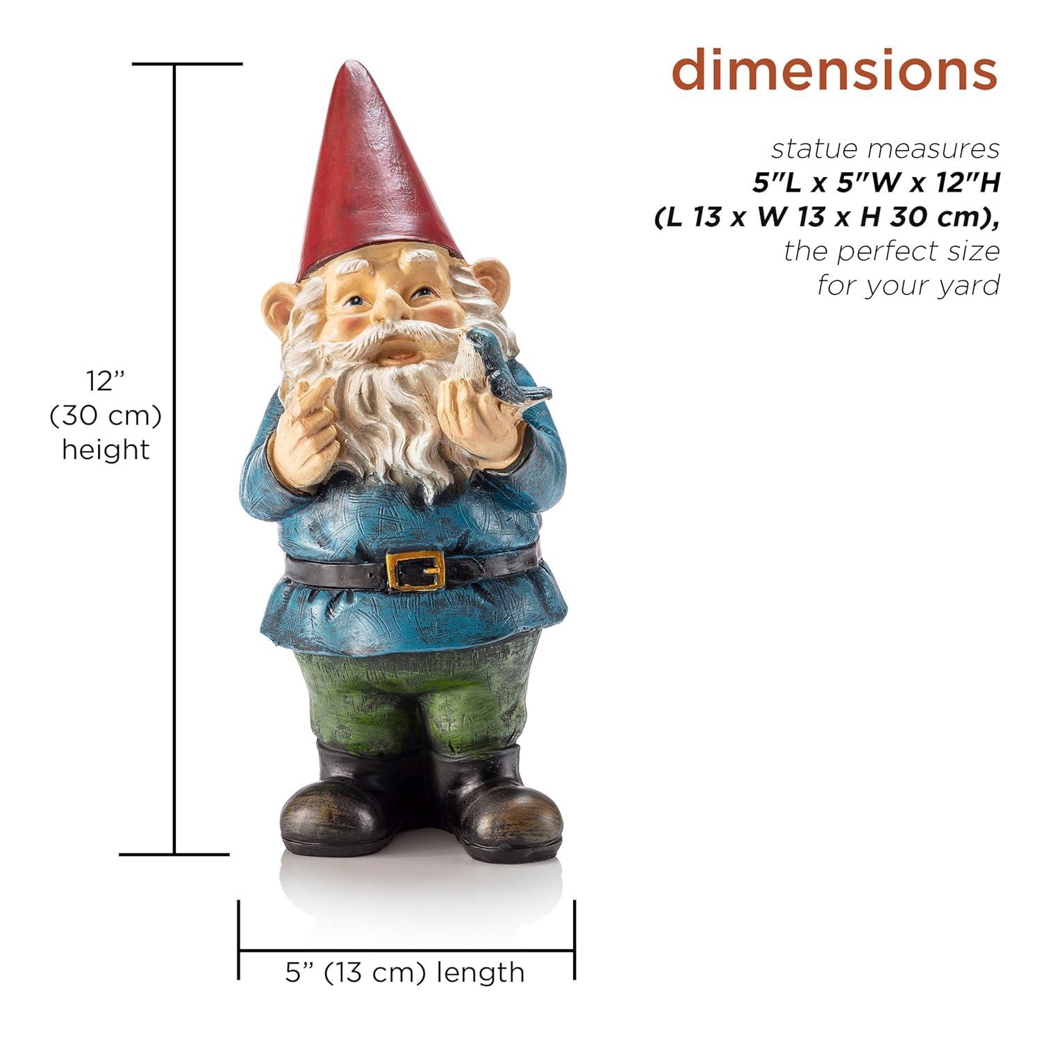 Alpine Corporation 12" Tall Outdoor Garden Gnome with Bird Yard Statue Decoration, Multicolor