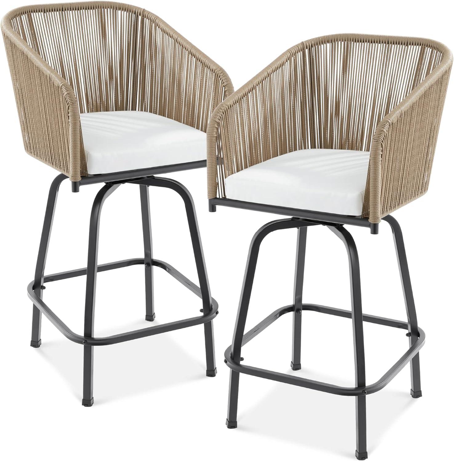 Best Choice Products Set of 2 Woven Wicker Swivel Barstools, Patio Bar Height Chairs w/ 360 Rotation - Black/Gray