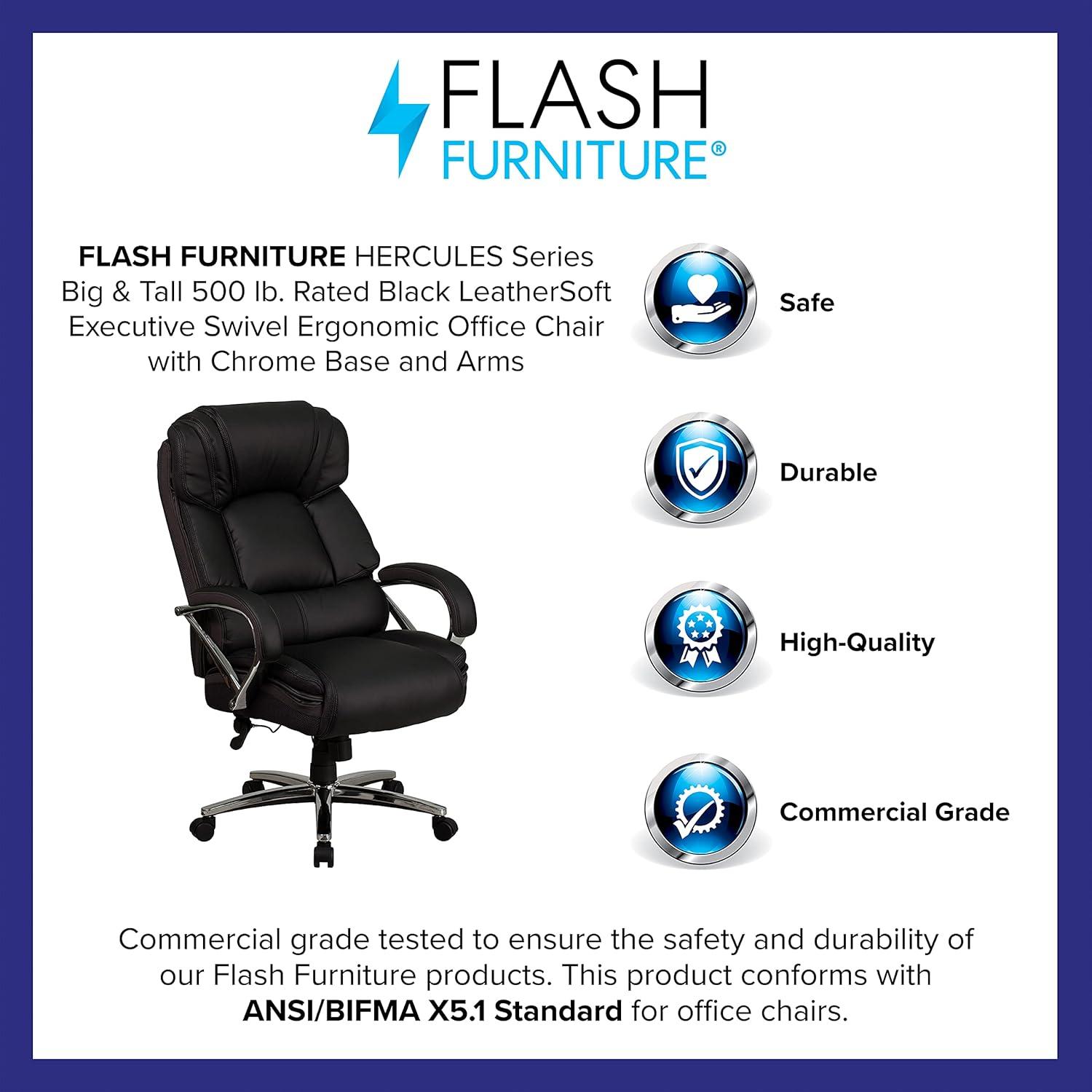 Flash Furniture HERCULES Series Big & Tall 500 lb. Rated Black LeatherSoft Executive Swivel Ergonomic Office Chair with Chrome Base and Arms