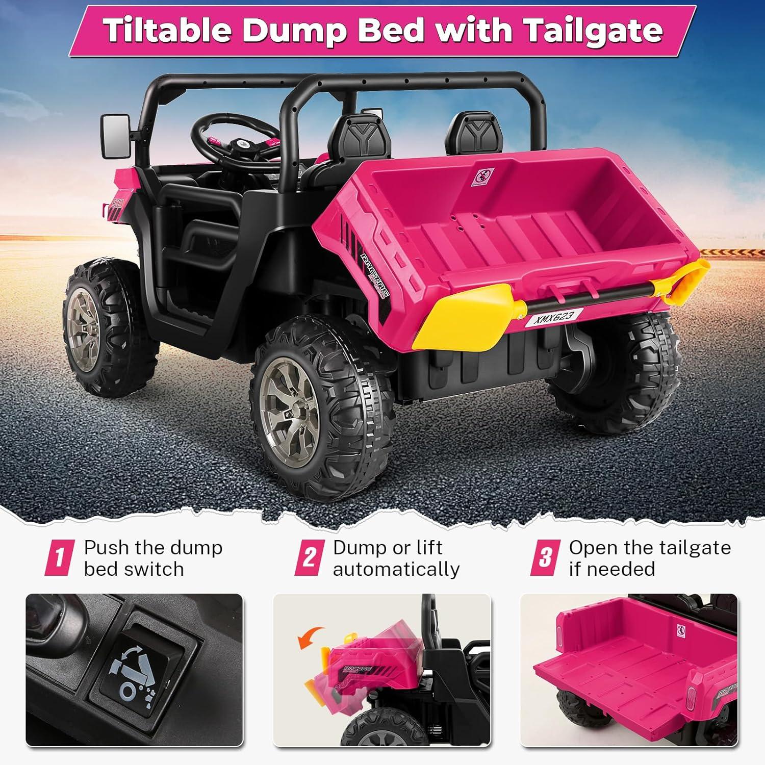 24V Kids Ride on Dump Truck with Remote Control, 2 Seater Powered 4-Wheel UTV Toys, 2x200W Ride on Tractor Car w/ Electric Dump Bed, Shovel, Bluetooth Music, Pink