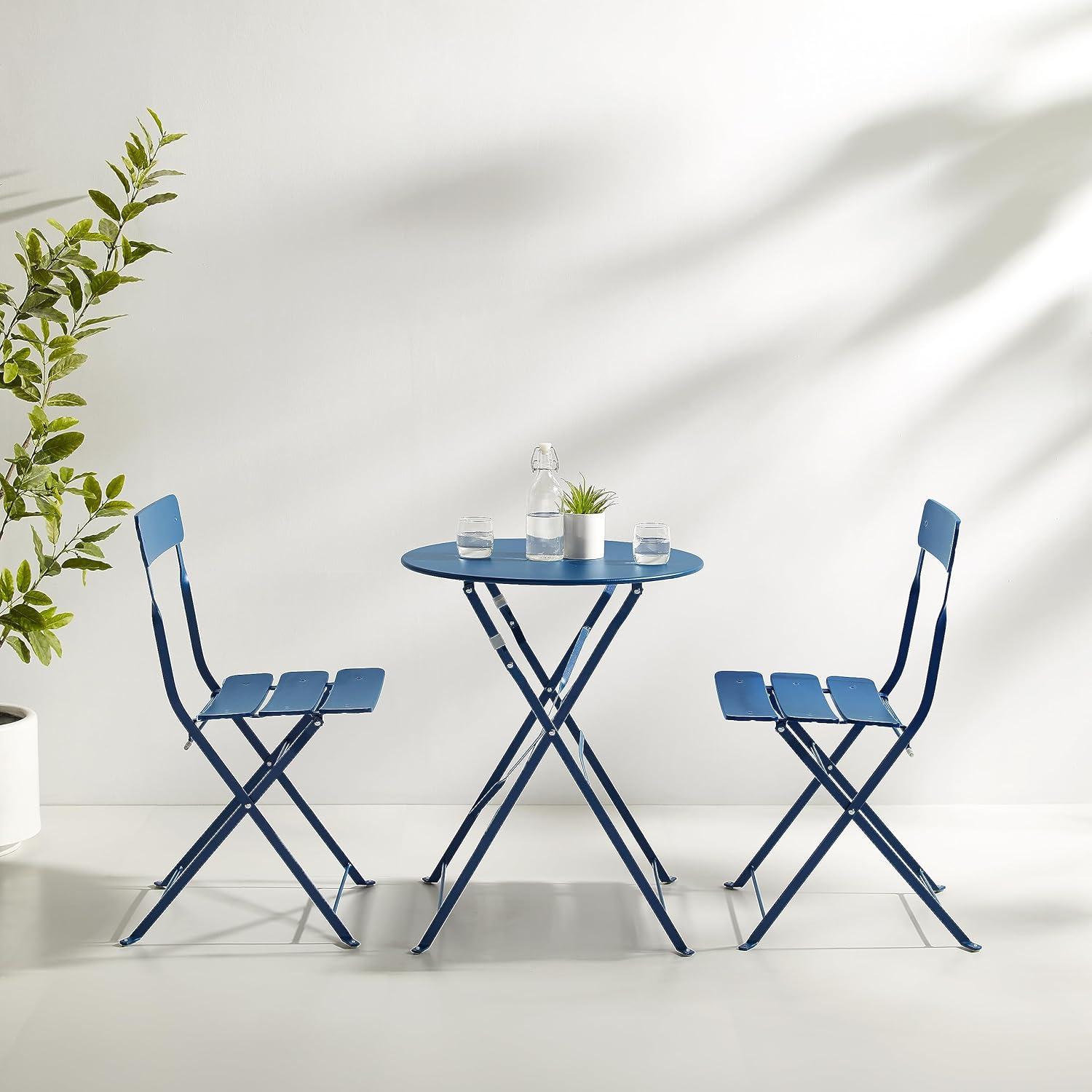 Navy Blue Steel 3-Piece Folding Bistro Set