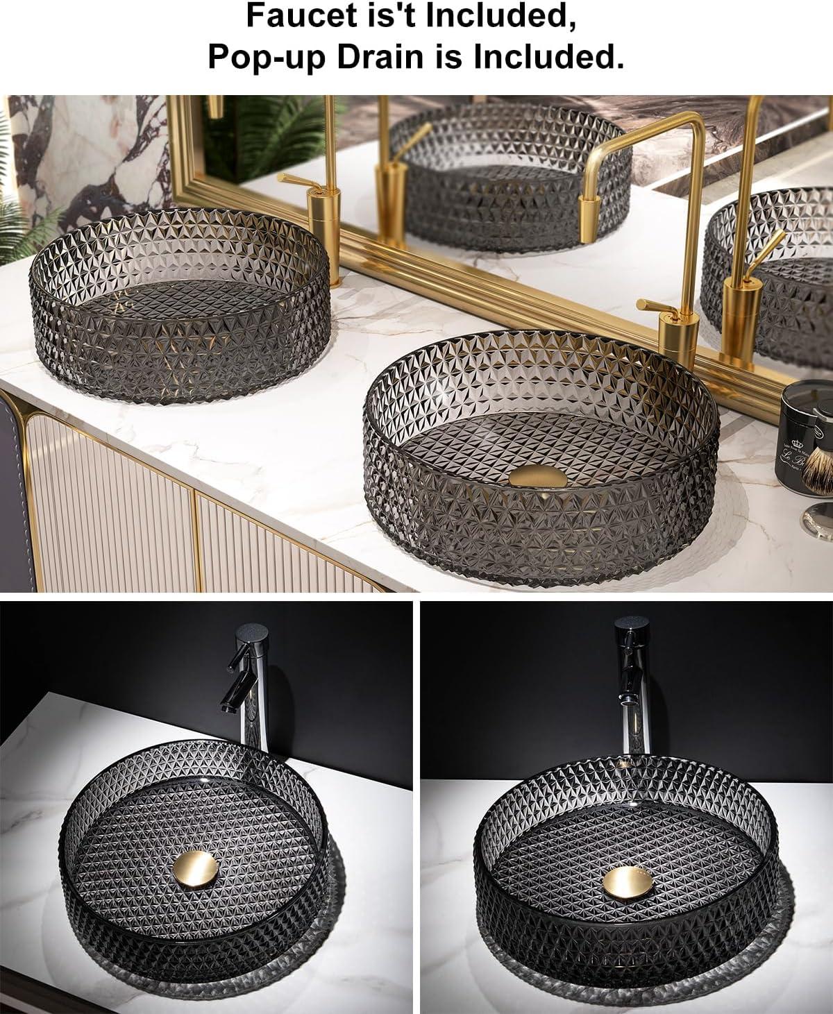 Homary 15" Vessel Transparent Diamond Shaped Crystal Glass Bathroom Wash Sink in Black