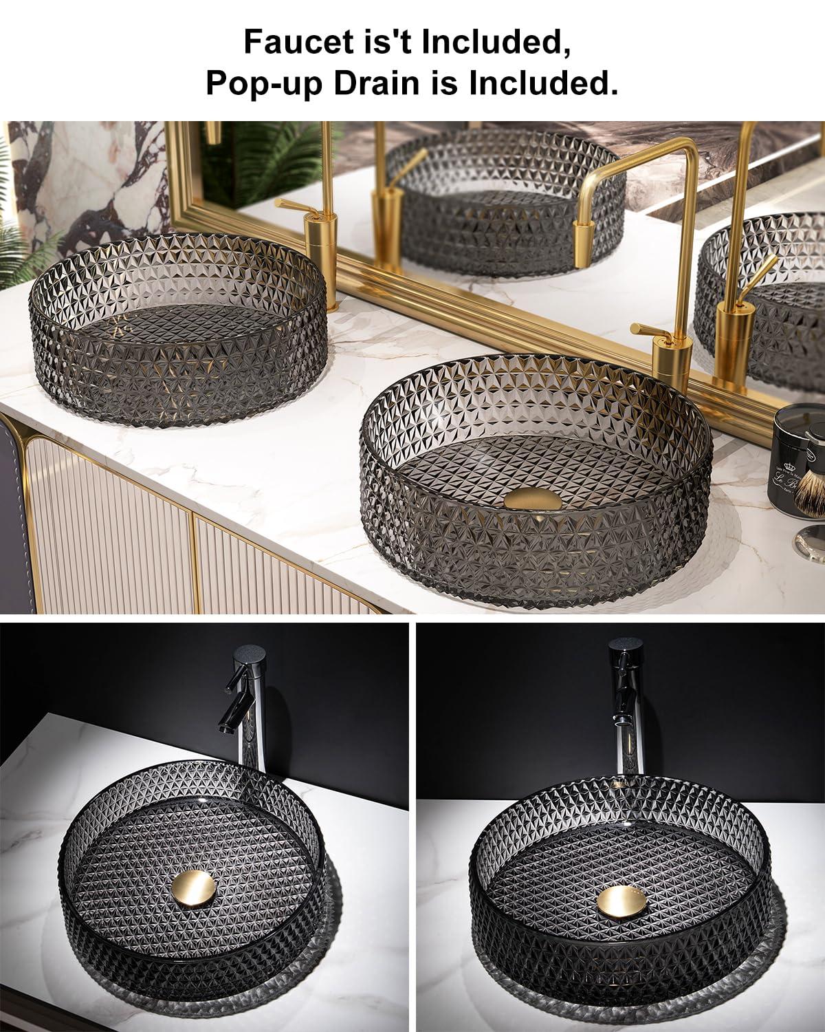 Homary 15" Vessel Transparent Diamond Shaped Crystal Glass Bathroom Wash Sink in Black