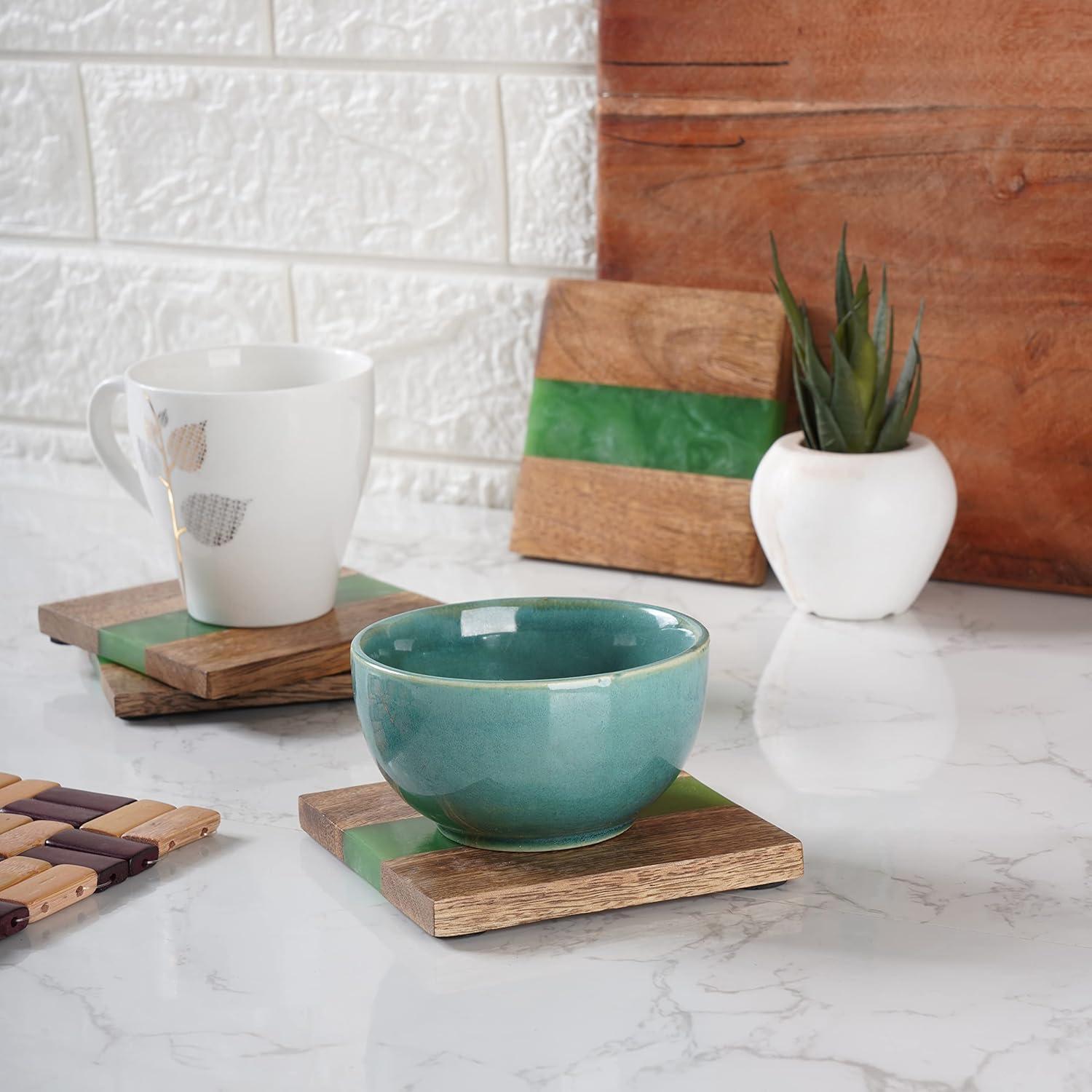 Ajuny Set of 4 Wood and Resin Coasters Square Handmade Coaster for Tea Cups Coffee Mugs Home Office Green