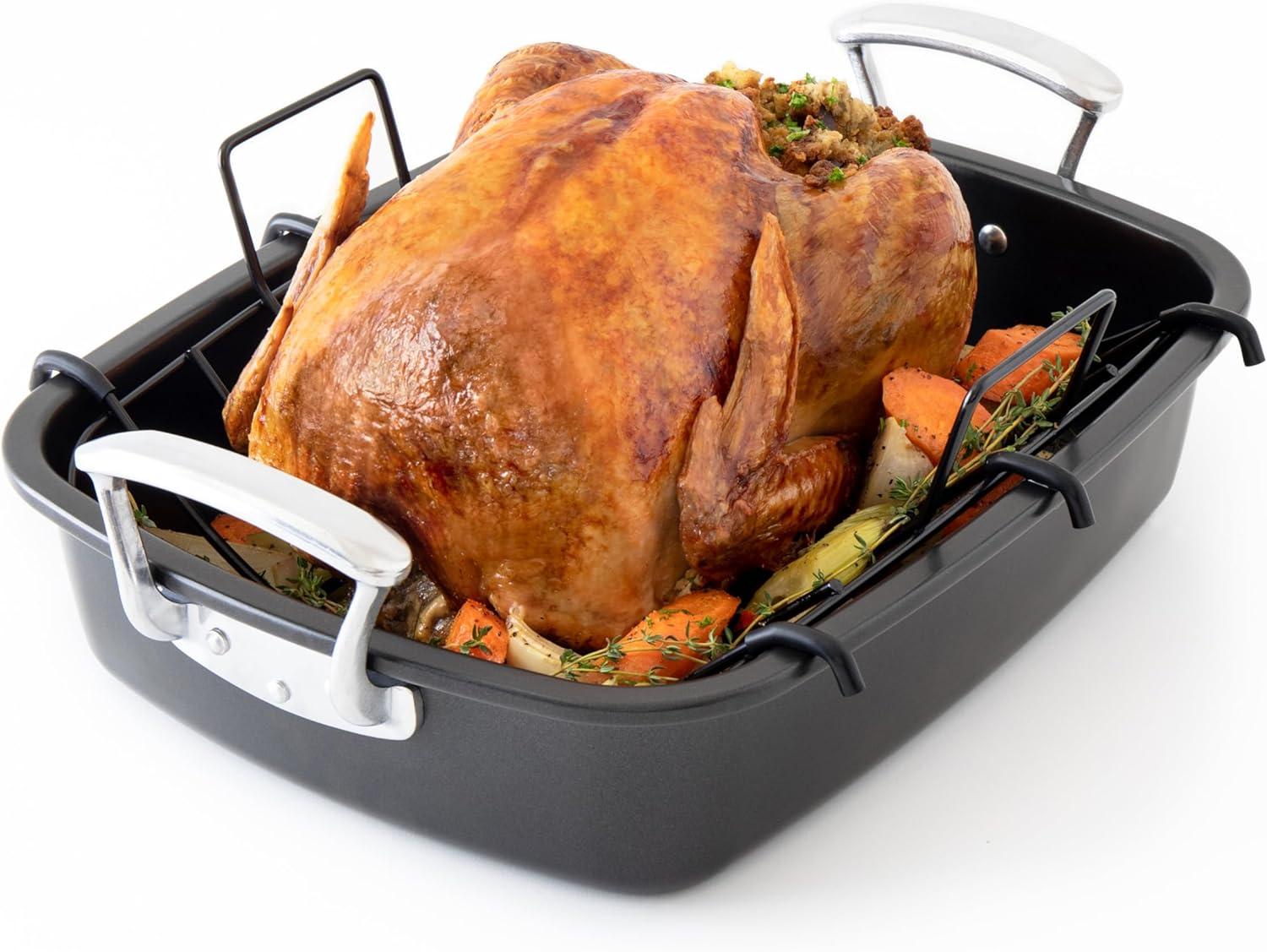 Extra-Large Grey Non-Stick Carbon Steel Roasting Pan with Handles and Rack