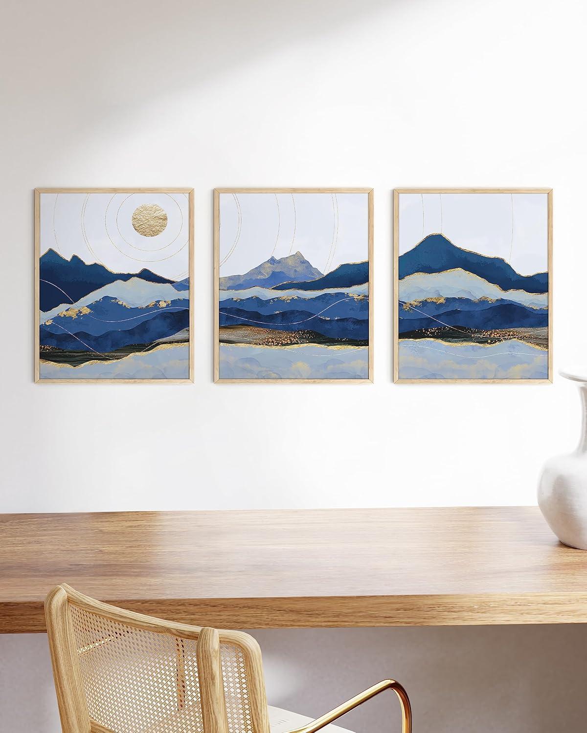 Blue Mountain Abstract Landscape Wall Art Set with Beige Frames, 12x16