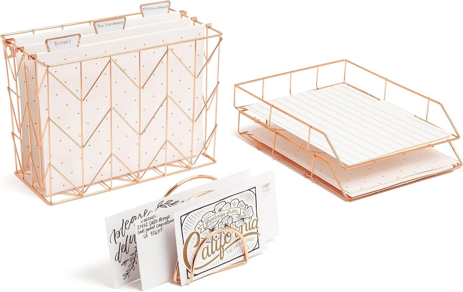 U Brands Letter-Size Desktop Fashion Filing Set, Rose Gold, (1) Rack, (3) Hanging Folders, (3) File Folders, (2) Trays,(1) Mail Sorter