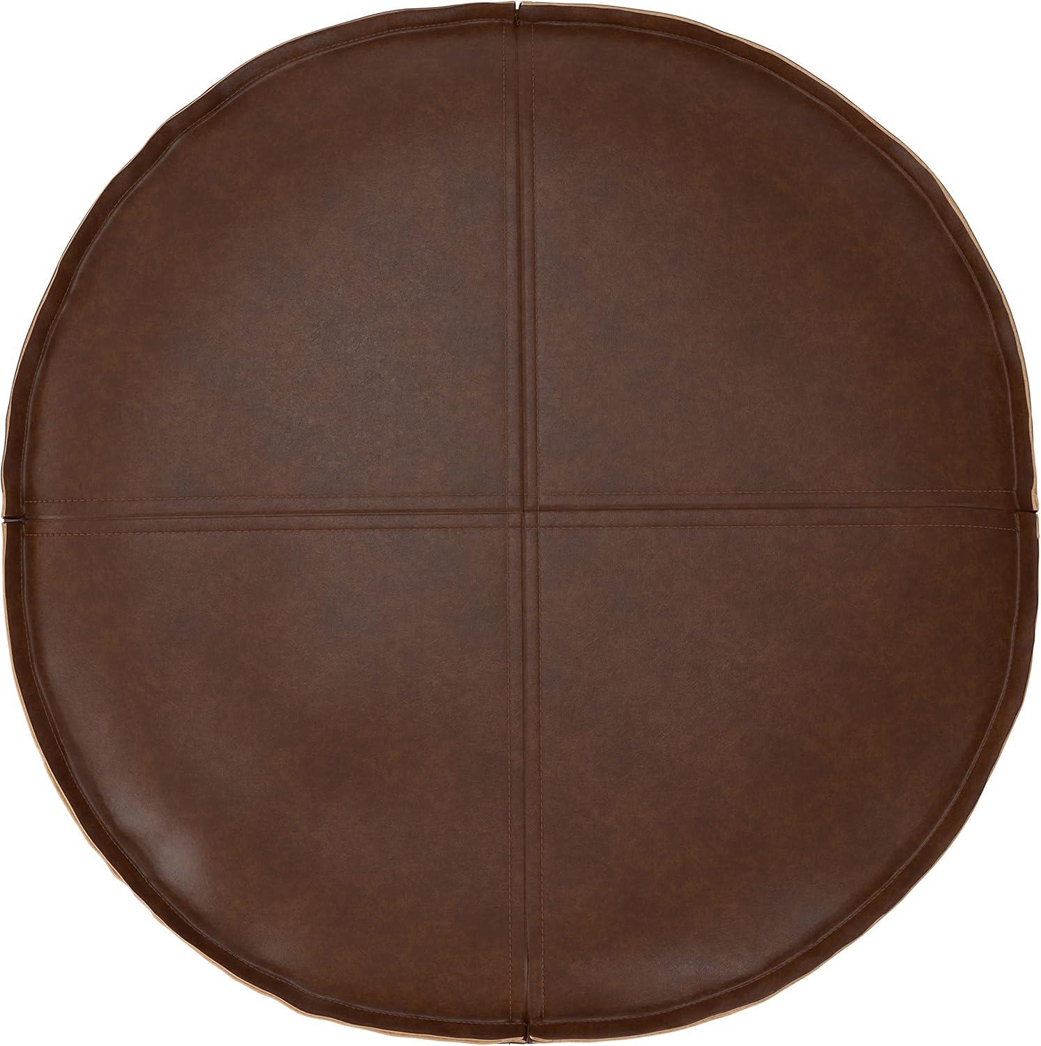 Simpli Home Brody Boho Round Pouf in Distressed Dark Brown Faux Leather