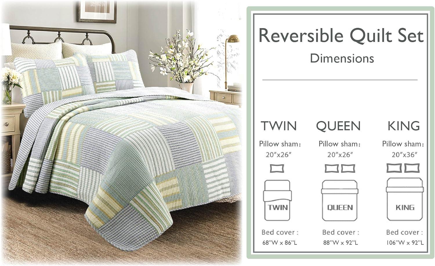 Cozy Line Home Fashions Green Yellow Blue Plaid Striped Real Patchwork 100% Cotton, Reversible Coverlet, Bedspread, Quilt Bedding Set (Green Patchwork, King - 3 Piece)