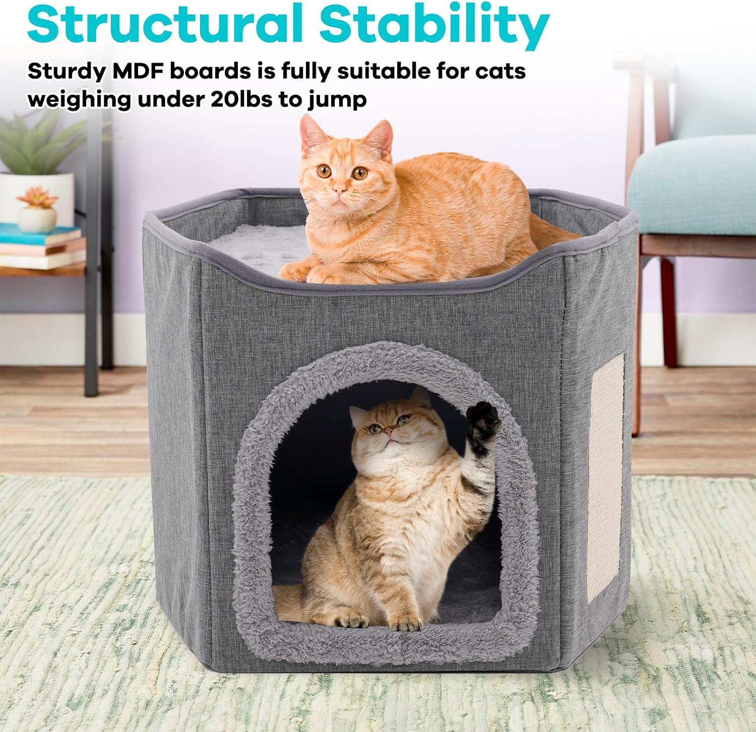 Cat Bed for Indoor Cats Cube House, Covered Cat Cave Beds & Furniture with Scratch Pad and Hideaway Tent, Cute Modern Cat Condo for Multi Small Pet Large Kitten Kitty, Dark Grey