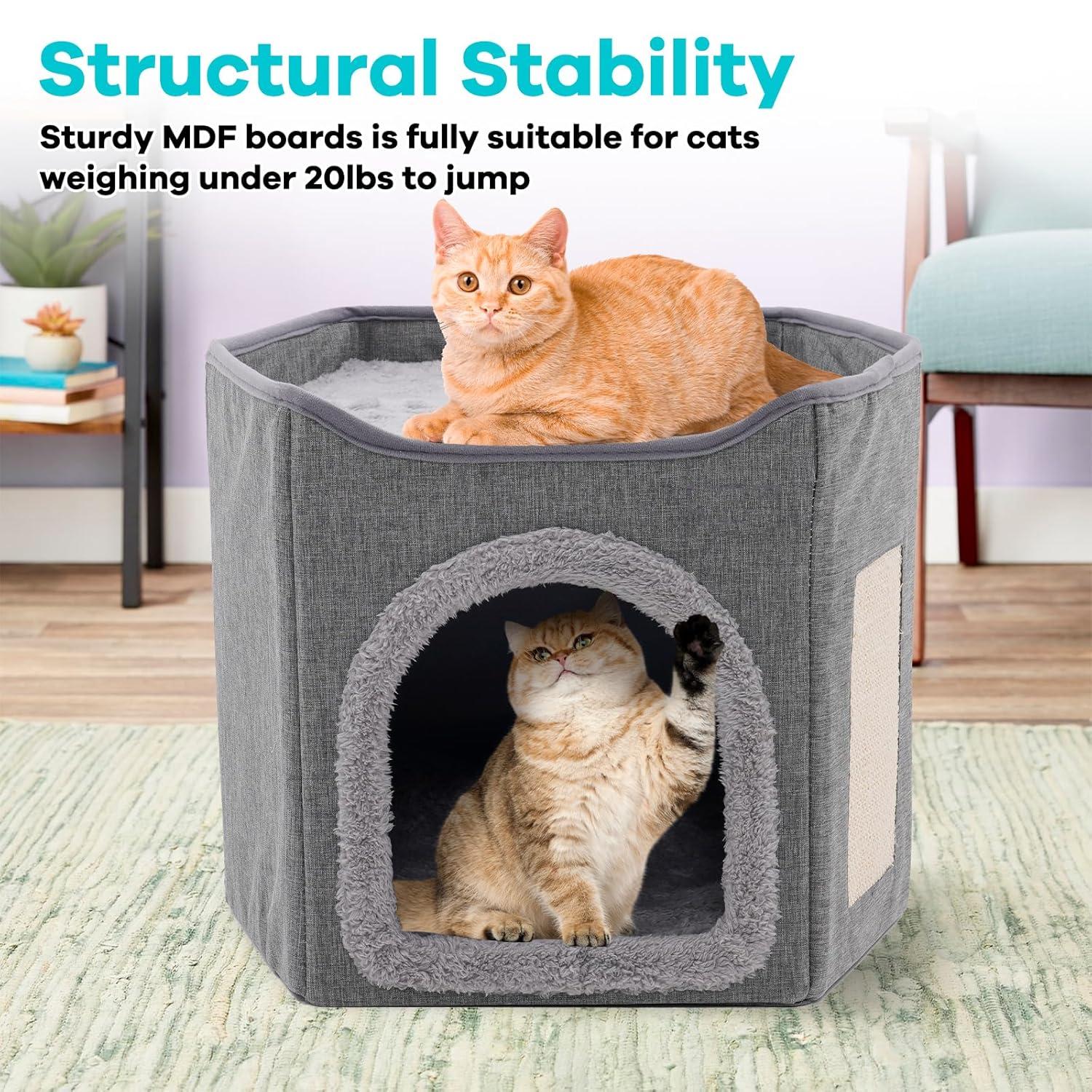 Cat Bed for Indoor Cats Cube House, Covered Cat Cave Beds & Furniture with Scratch Pad and Hideaway Tent, Cute Modern Cat Condo for Multi Small Pet Large Kitten Kitty, Dark Grey