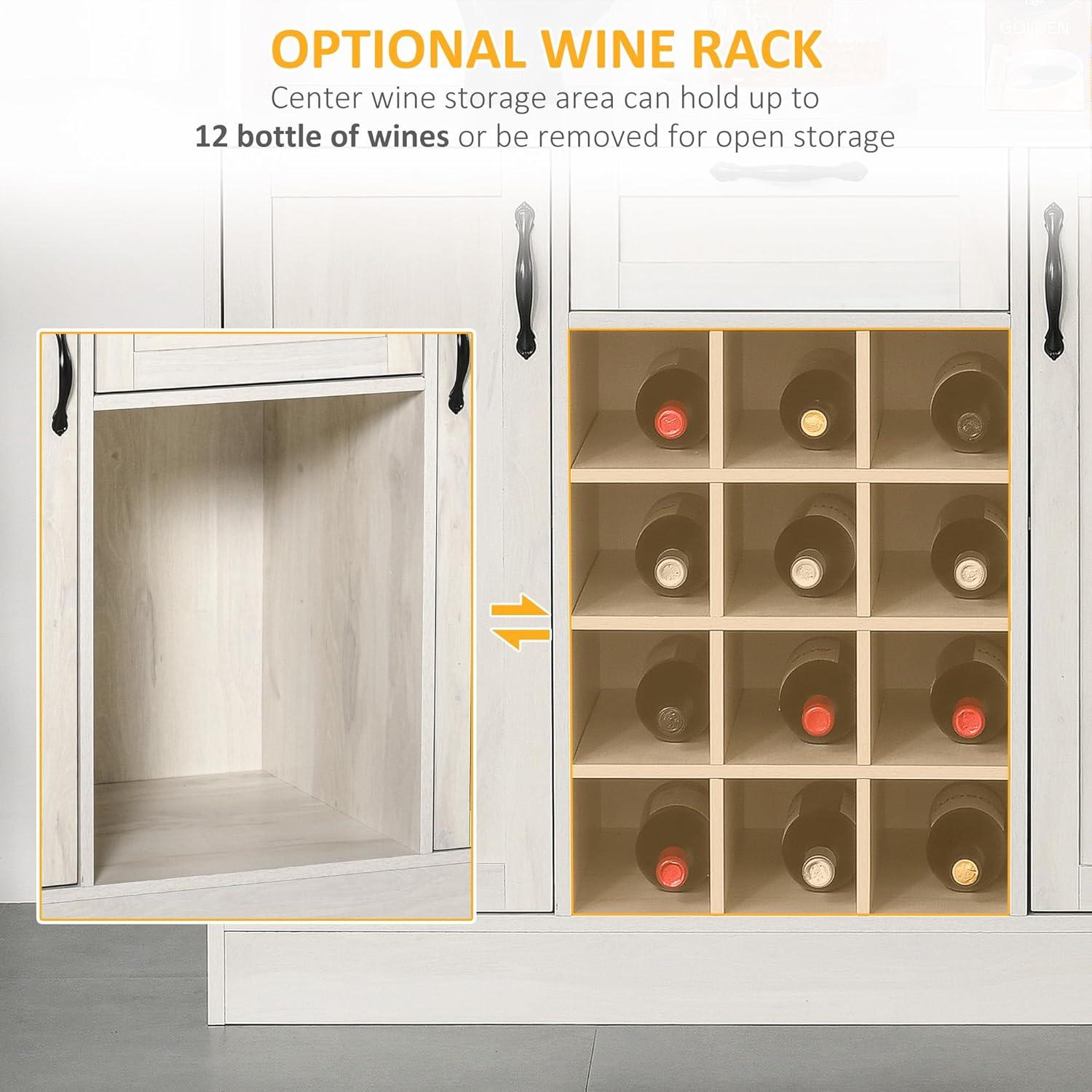 HOMCOM Kitchen Buffet with Hutch Cupboard with Utility Drawer, 4 Door Cabinets,  and Optional 12-Bottle Wine Storage, White