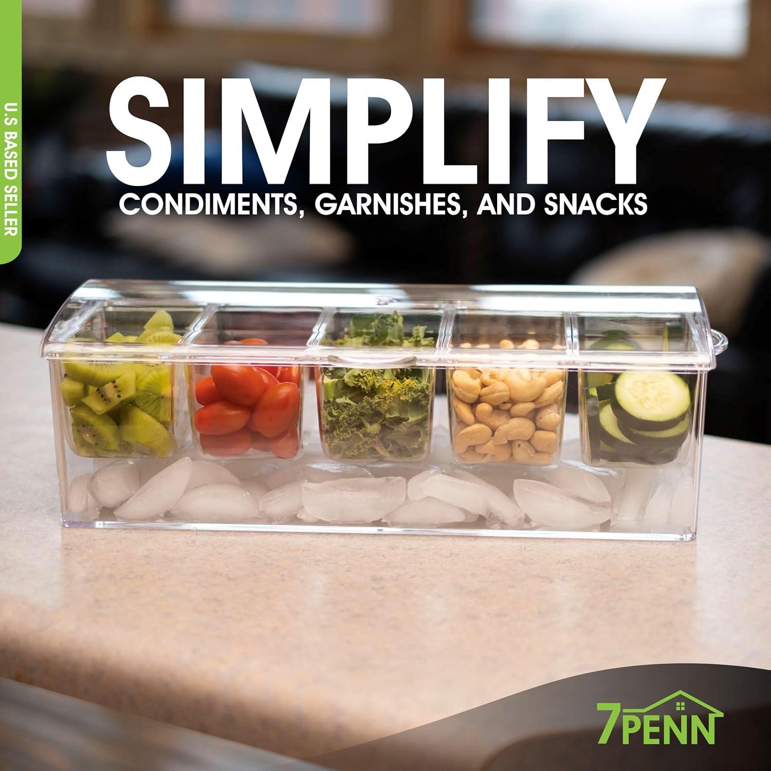 7Penn | Condiment Tray with Ice Chamber Lid Tongs Spoons 5 Condiment Containers