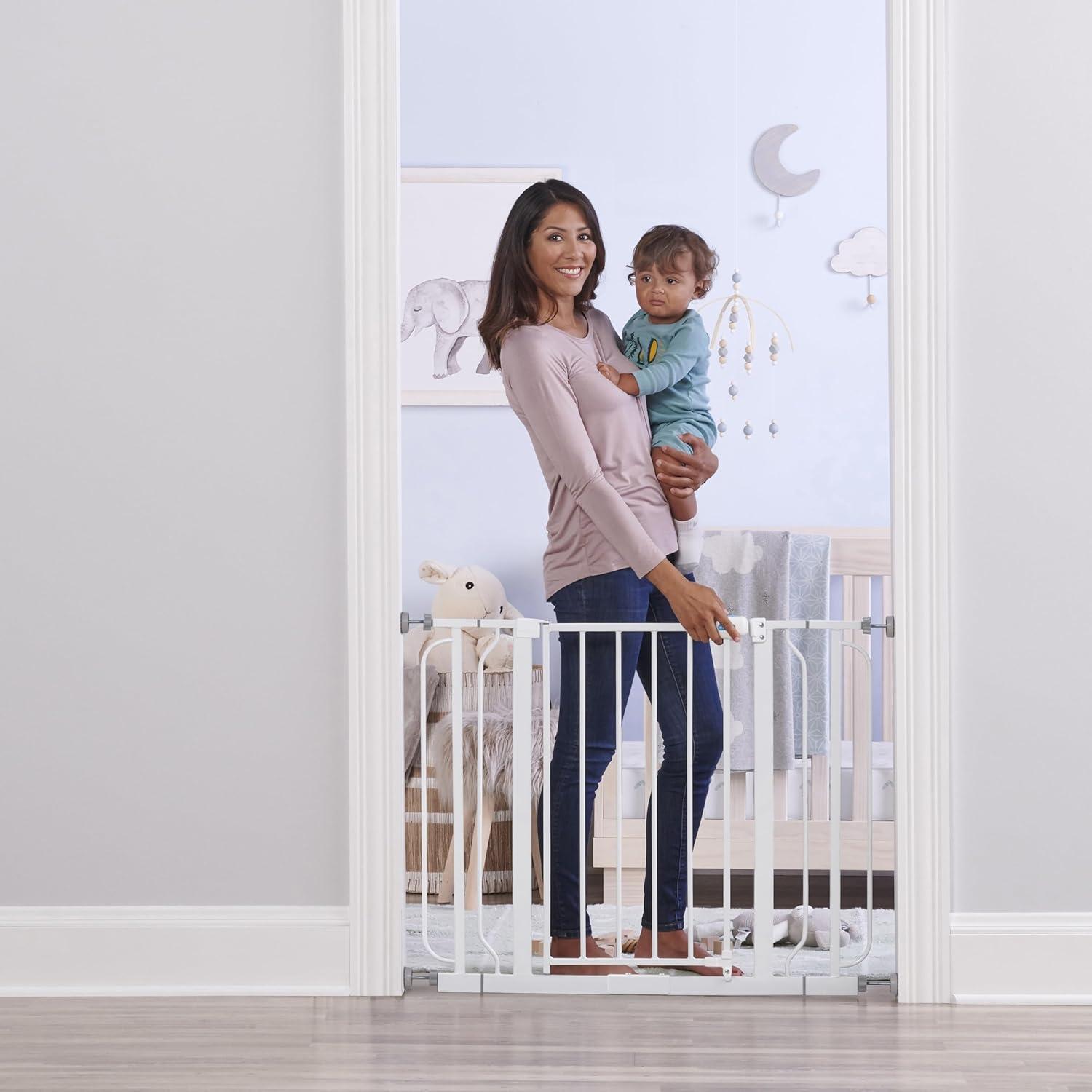 Extra Wide White Metal Safety Gate with Wall Shields