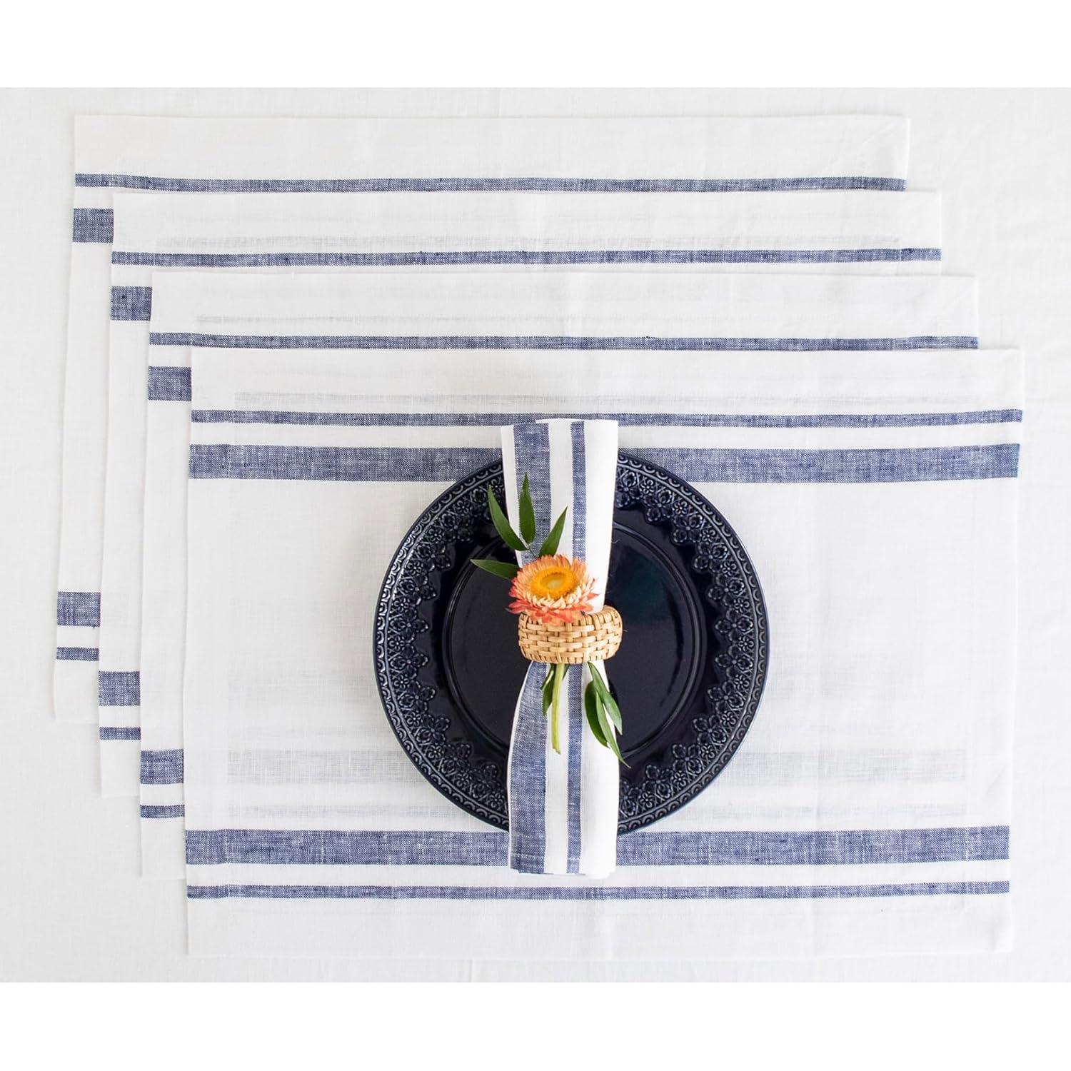 Solino Home French Stripe - 100% Pure Linen Placemats (Set of 4)