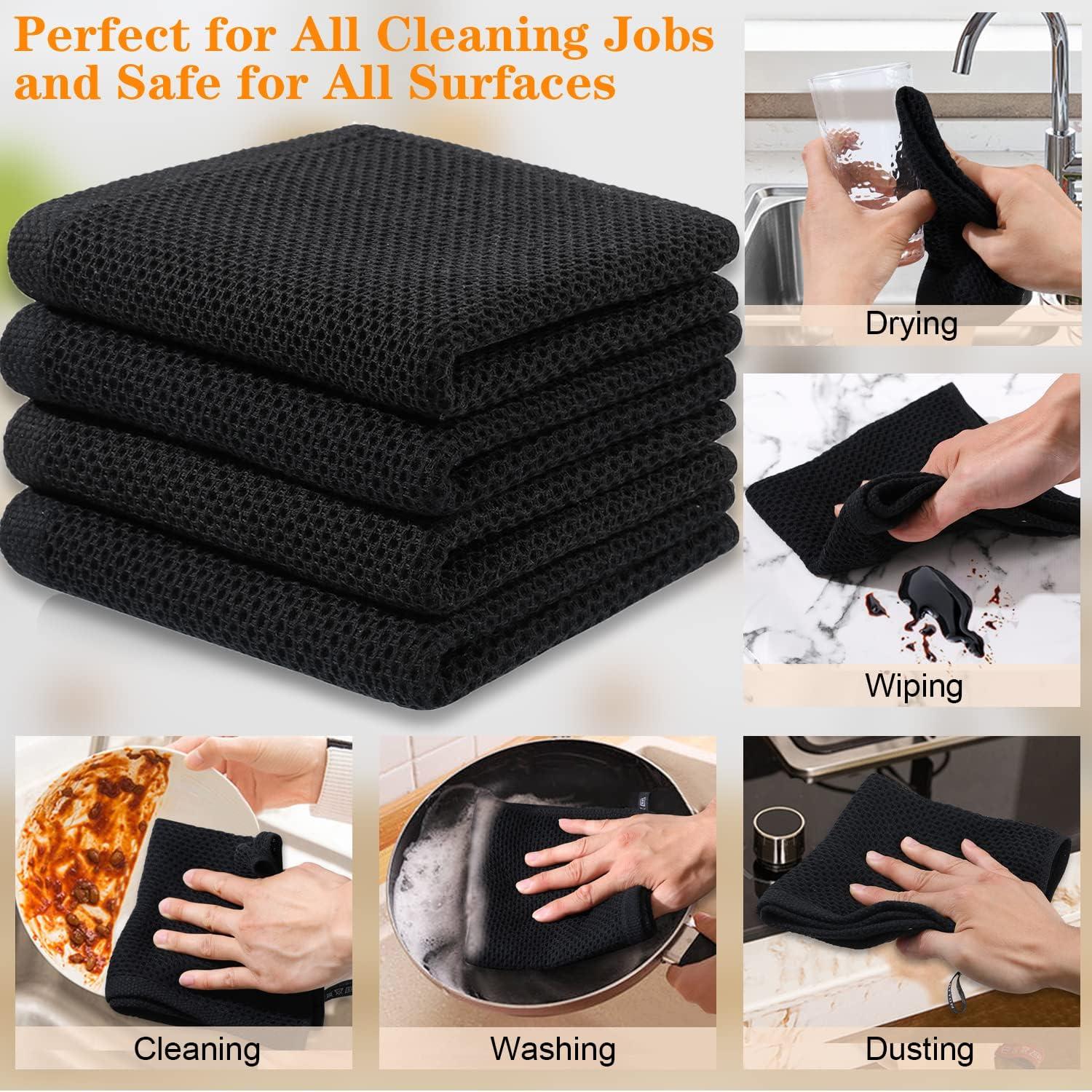 RUseeN 100% Cotton Waffle Weave Kitchen Dish Towels, Ultra Soft Absorbent Quick Drying Cleaning Towel, 13x28 Inches, 4-Pack, Black