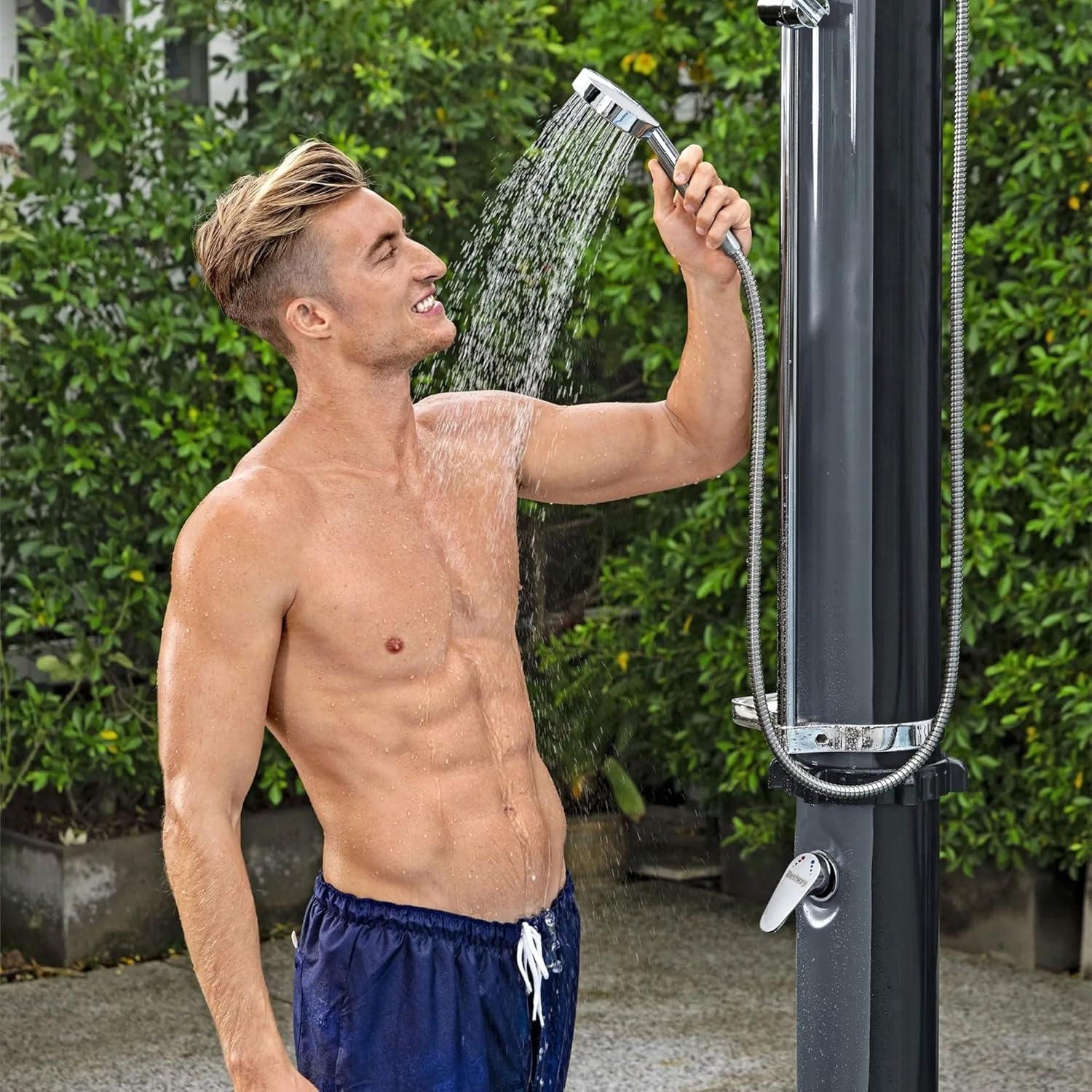 Bestway SolarFlow 9.2 Gallon Water Capacity Solar Heat Outdoor Shower with Adjustable Shower Head, Multiple Spray Settings and Quick Connector, Black