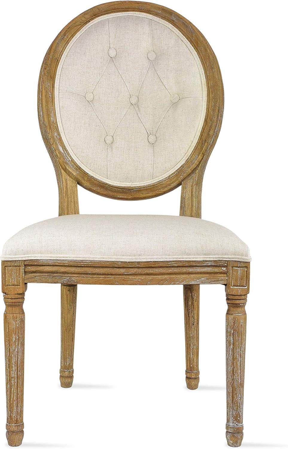 2xhome - French Chic Vintage Style Dining Side Chair With Upholstered Linen Welted Fabric And Elegant Natural Rustic Wood Frame - Tufted Button Oval Back
