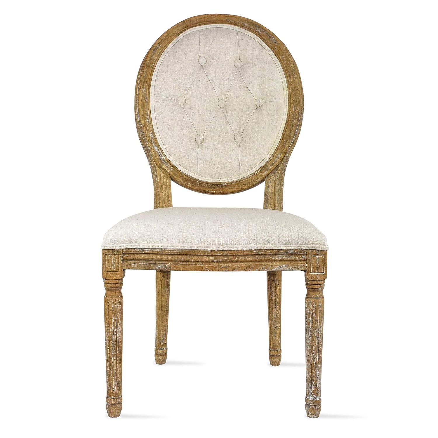 2xhome - French Chic Vintage Style Dining Side Chair With Upholstered Linen Welted Fabric And Elegant Natural Rustic Wood Frame - Tufted Button Oval Back