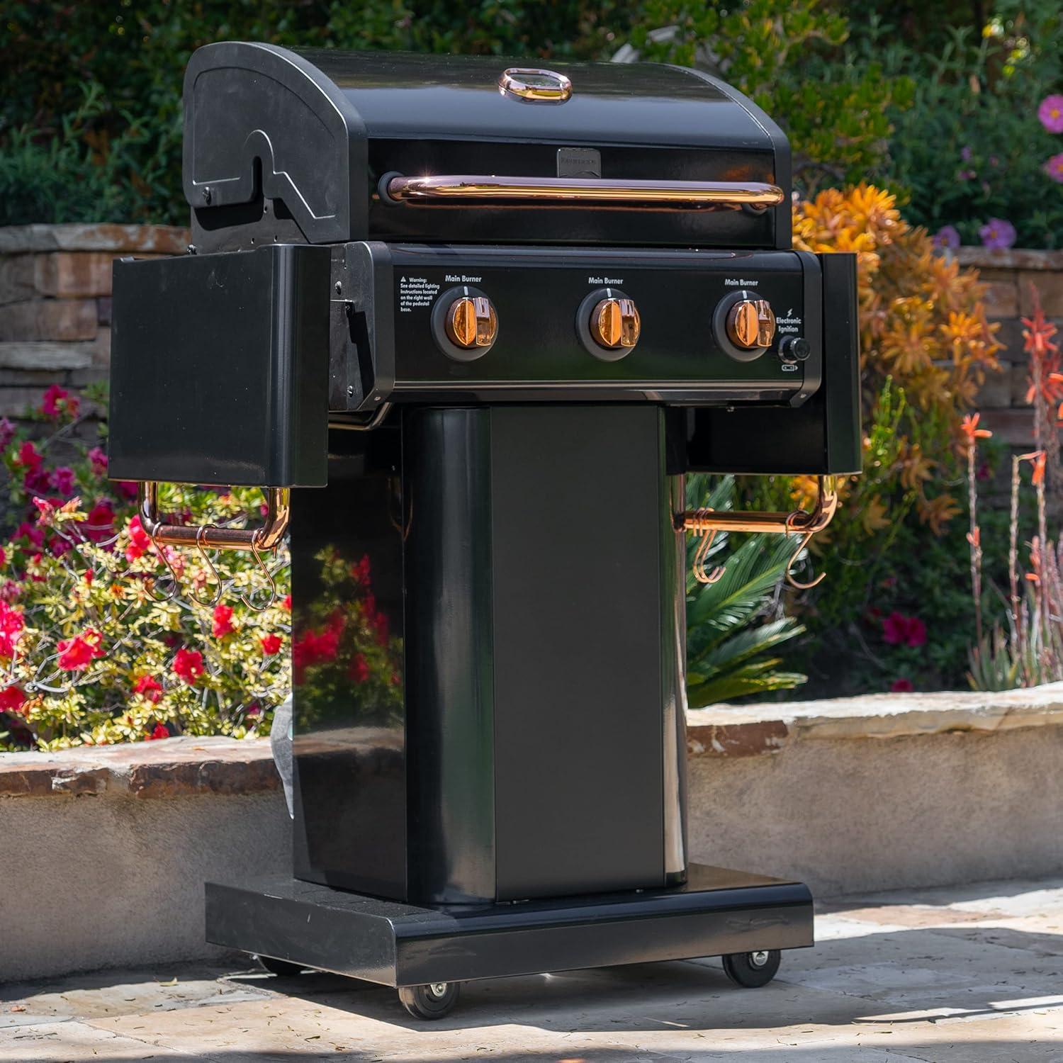 Kenmore 3-Burner Propane Gas Grill with Foldable Side Tables for Outdoor BBQ