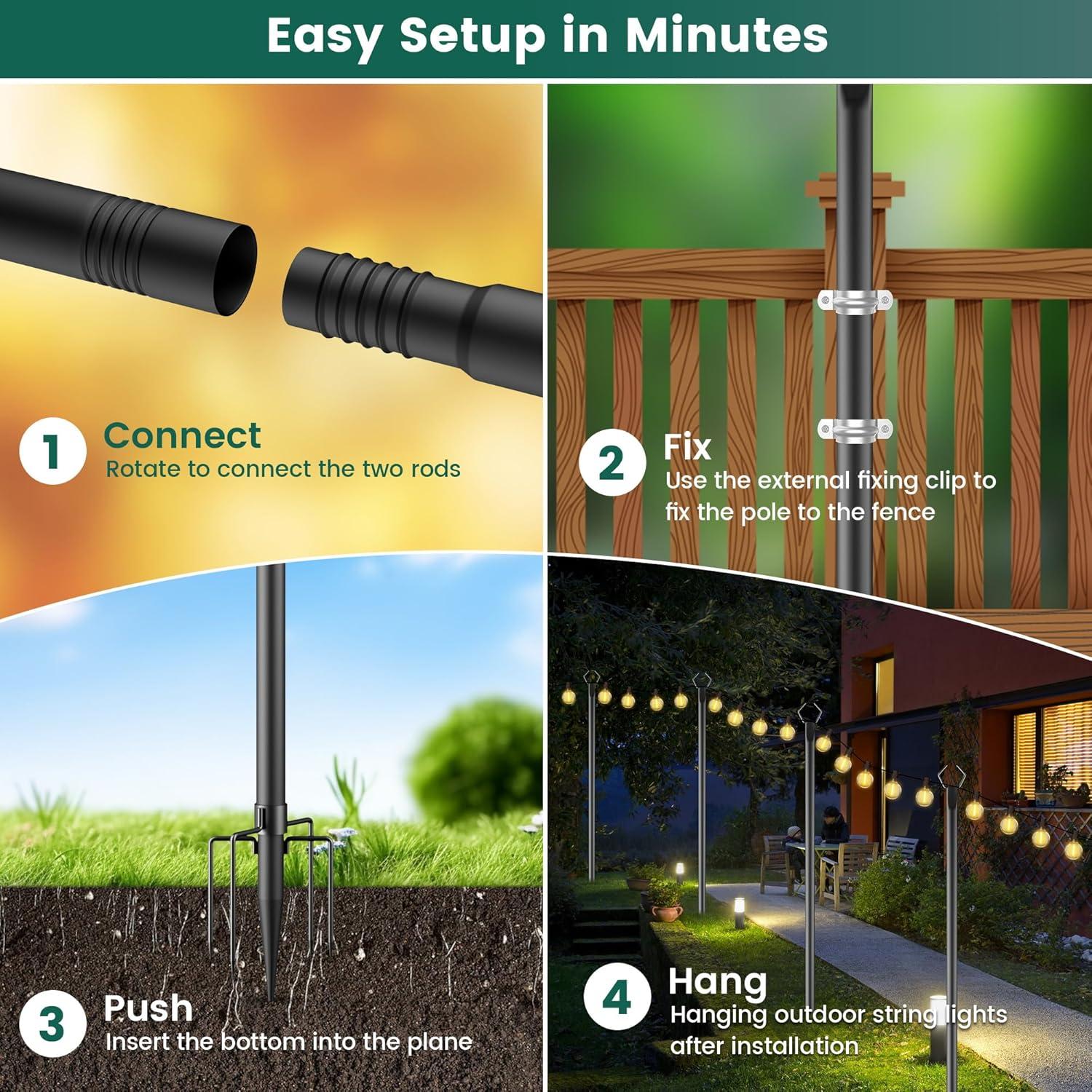 2 Pack String Light Poles,10 Ft Light Poles for Outside String Lights,Outdoor Lights Pole with Fork,Metal Poles Stand for Patio Deck Backyard