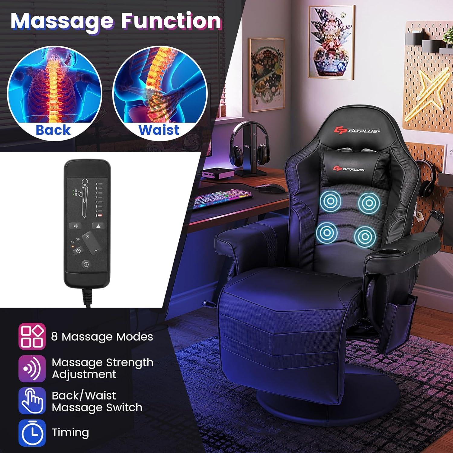 POWERSTONE Gaming Recliner Massage Gaming Chair with Footrest Ergonomic PU Leather Single Sofa with Cup Holder Headrest and Side Pouch, Adjustable Living Room Chair Seating, Black