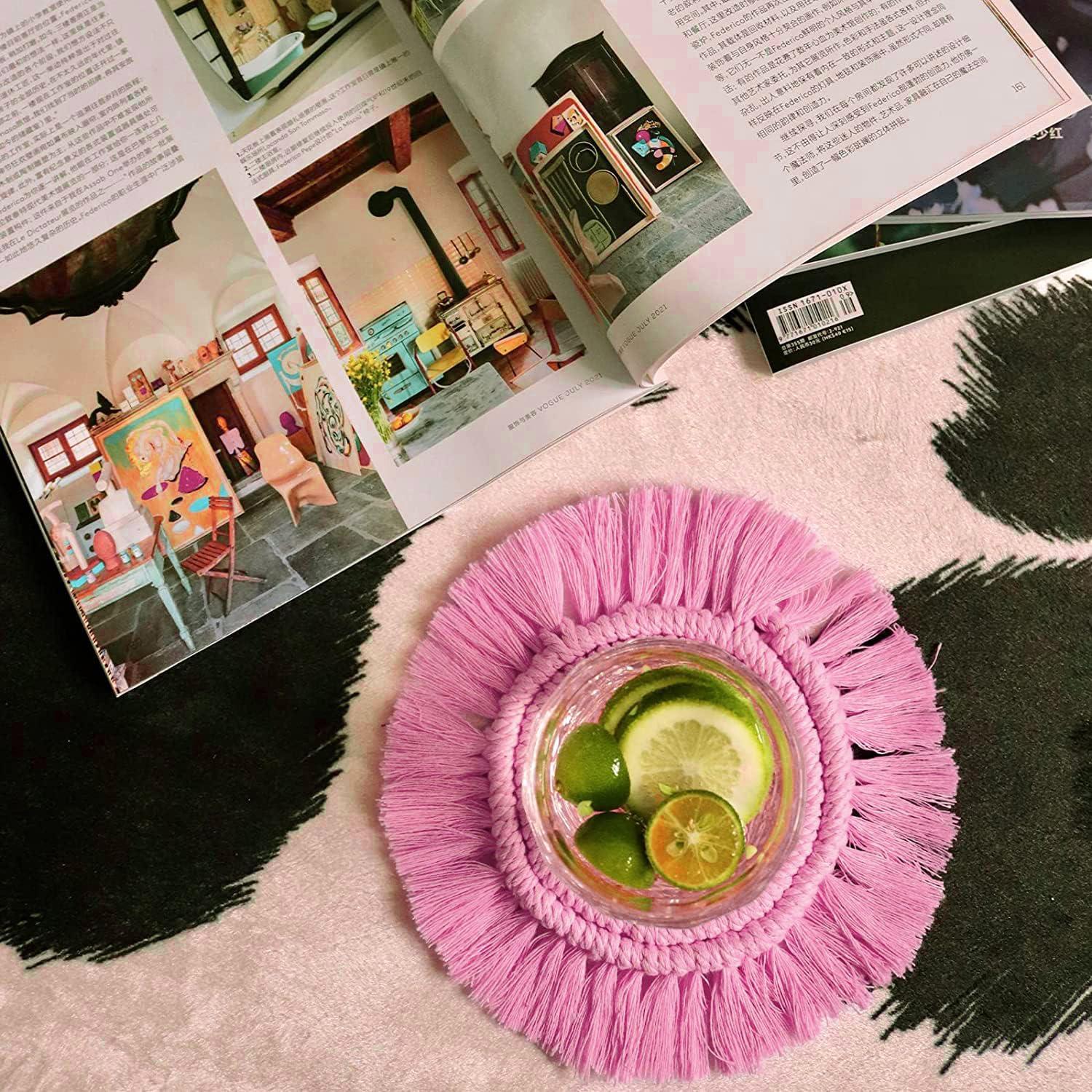 2 Posavasos Bohemios de Macramé para Bebidas, Posavasos Absorbentes con Borla, Posavasos Redondos de Algodón Hechos a Mano de 7 Pulgadas para Mesa de Escritorio, Cocina, Oficina, Hogar, Bar, Protección de Mesa, Regalo de Inauguración de la Casa, Rosa