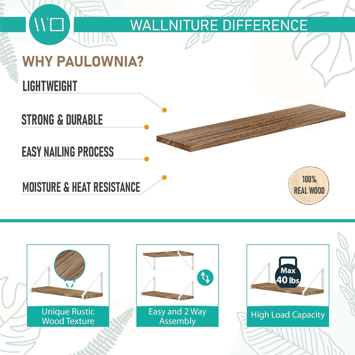 Wallniture Ponza Floating Shelves for Wall, Bathroom Shelf Wall Mounted, Set of 3, Burned Finish Wood Shelves with White Shelf Brackets