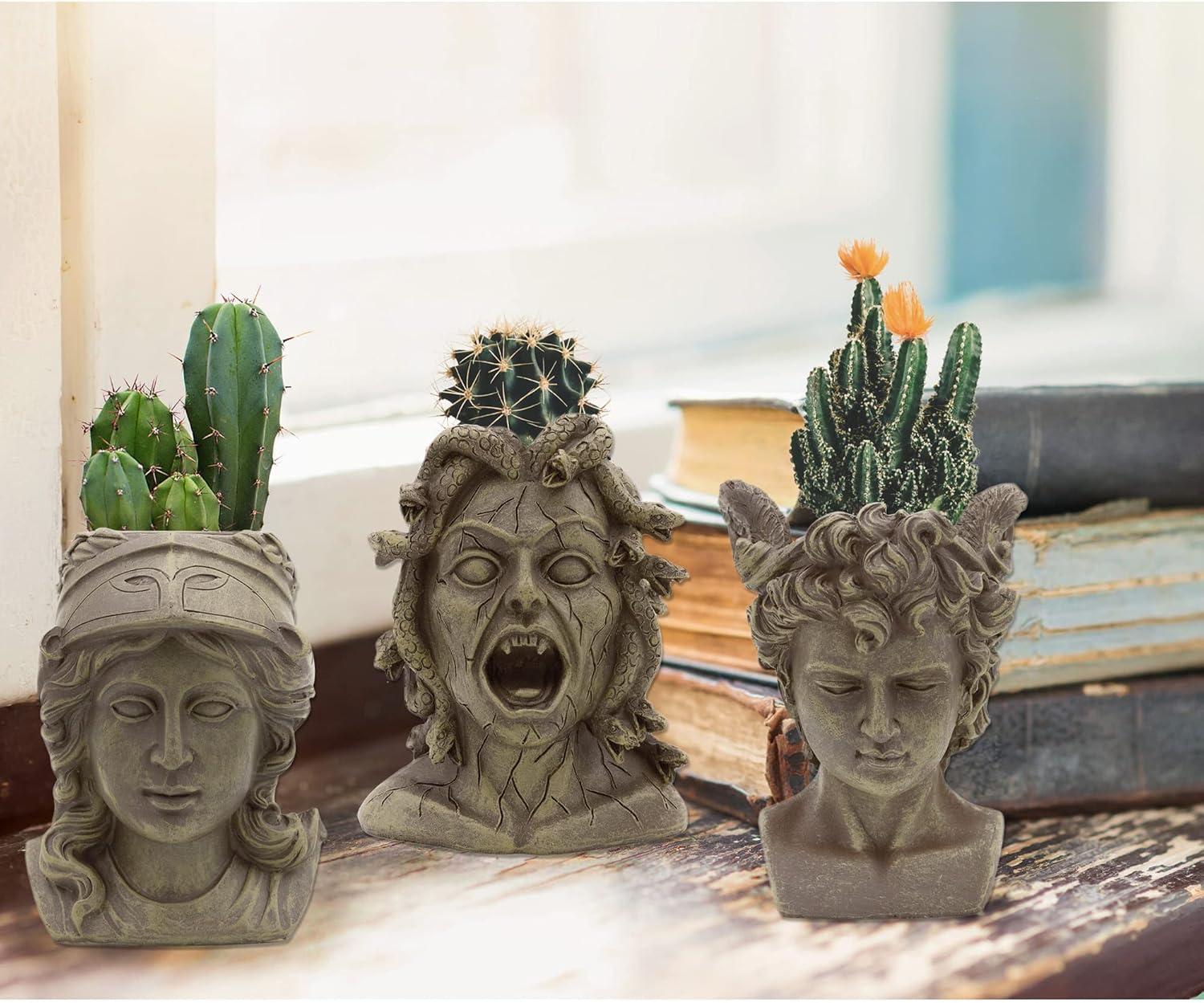 Darware Mini Resin Medusa / Athena / Perseus Planter, 3pc Set; Garden Decor Statue Flower Pot