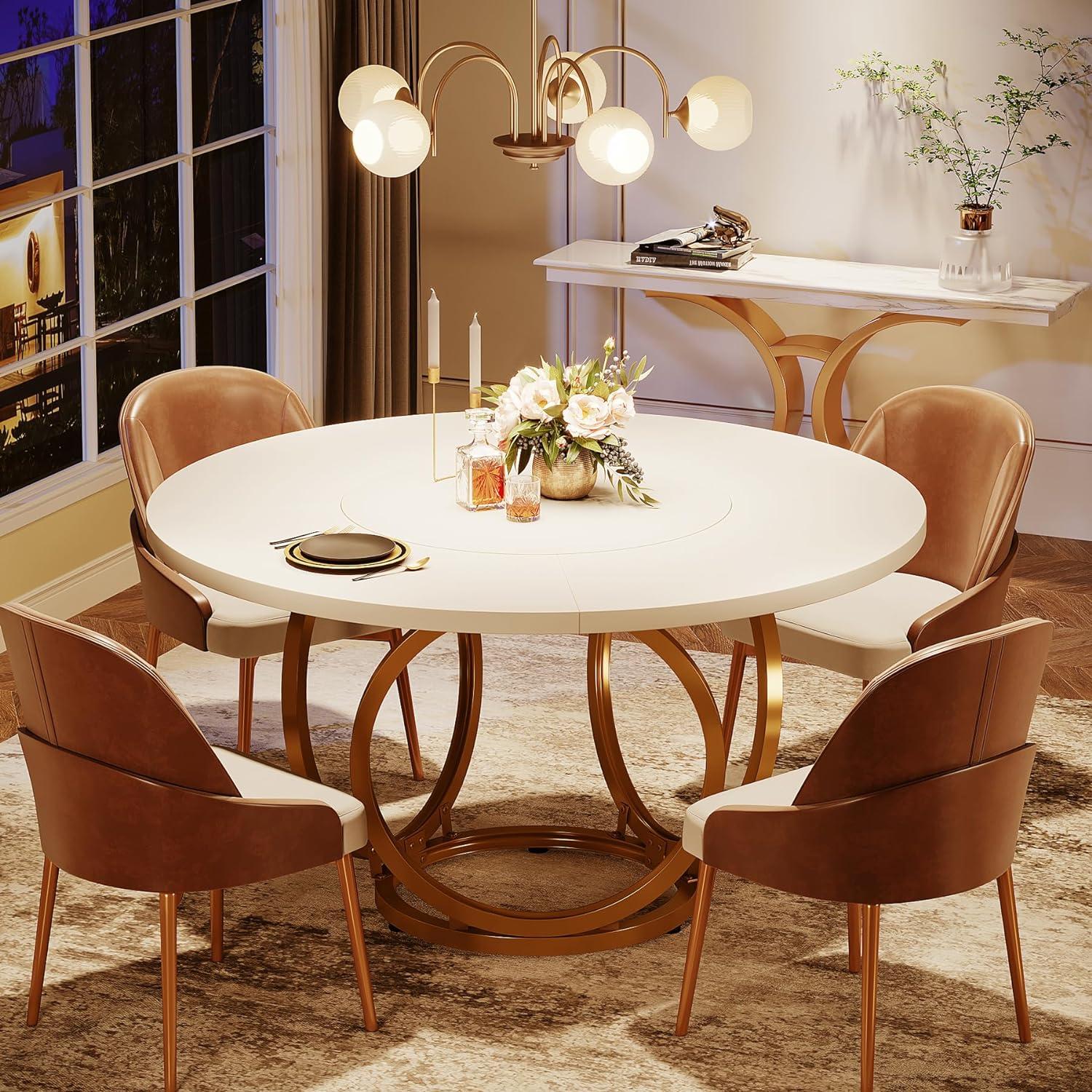 47 inch Dining Table for Dining Room, 4 People Round Dinner Table white & Gold