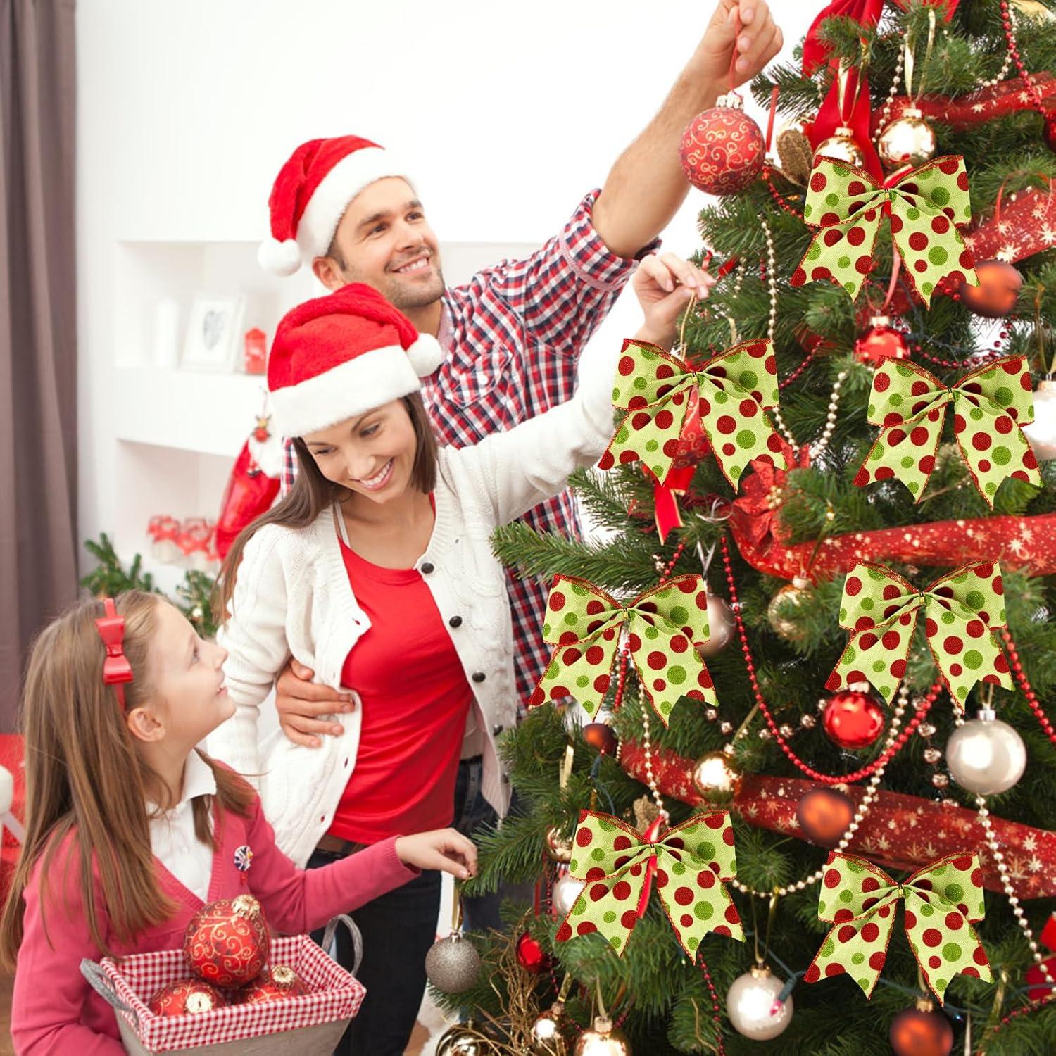 Sandistore Cute Cars 12pcs Christmas Tree Bows Ornaments 6 Inch Large Christmas Wreath Bows Red Green Xmas Tree Bows Christmas Glitter Dot Bows Ribbons Decoration For Garland Diamonds for Crafts