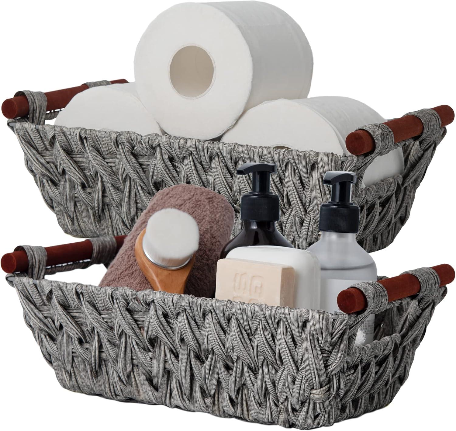 GRANNY SAYS Wicker Storage Baskets for Shelves, Trapezoid Woven Basket, Waterproof Storage Wicker Baskets for Organizing, Gray, 2-Pack