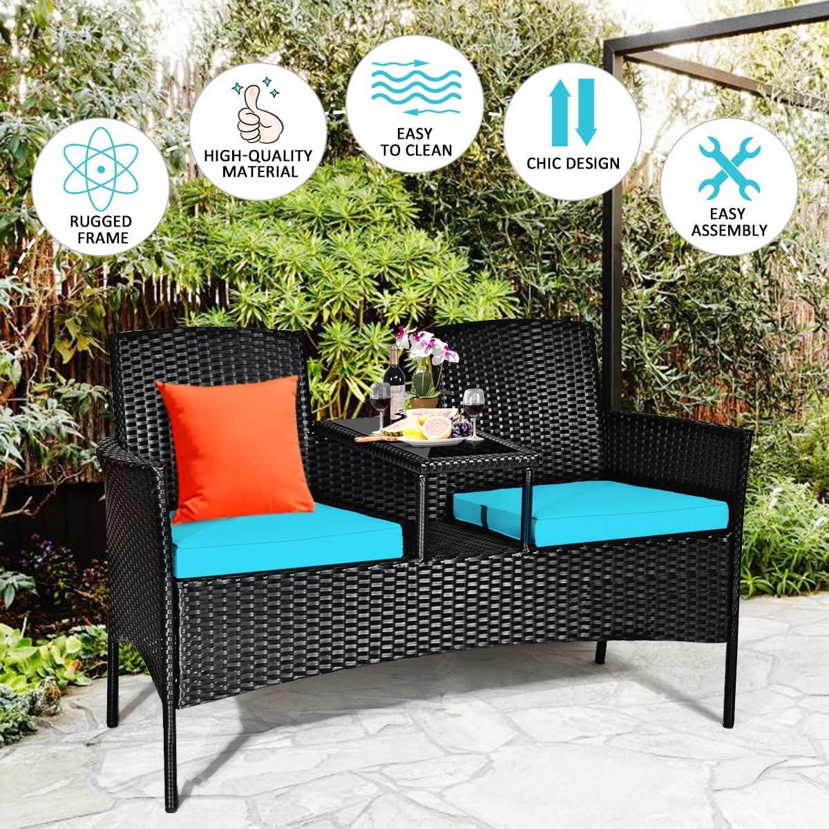 Resenkos Wicker Patio Conversation Furniture Set with Seat , Balcony Furniture Outdoor Rattan Patio Conversation Set with Removable Cushions and Table-Turquoise