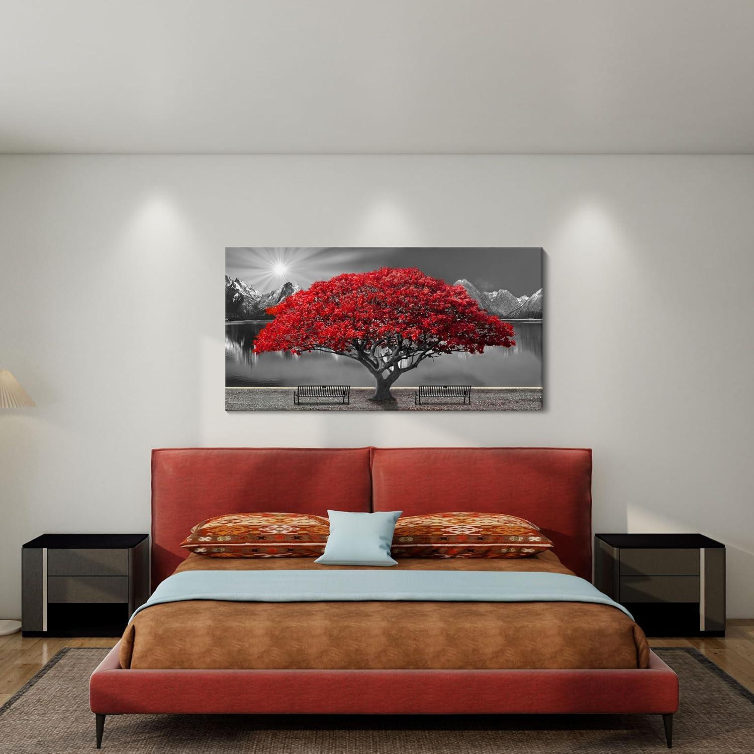 Large Red Tree Landscape Canvas Print with Black Frame