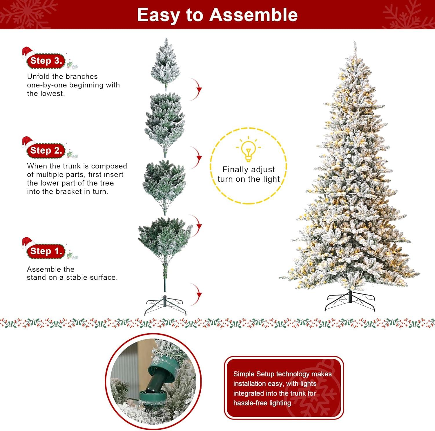 Glitz Design Glitzhome 9ft Pre-Lit Snow Flocked Fir Artificial Christmas Tree with 650 Warm White