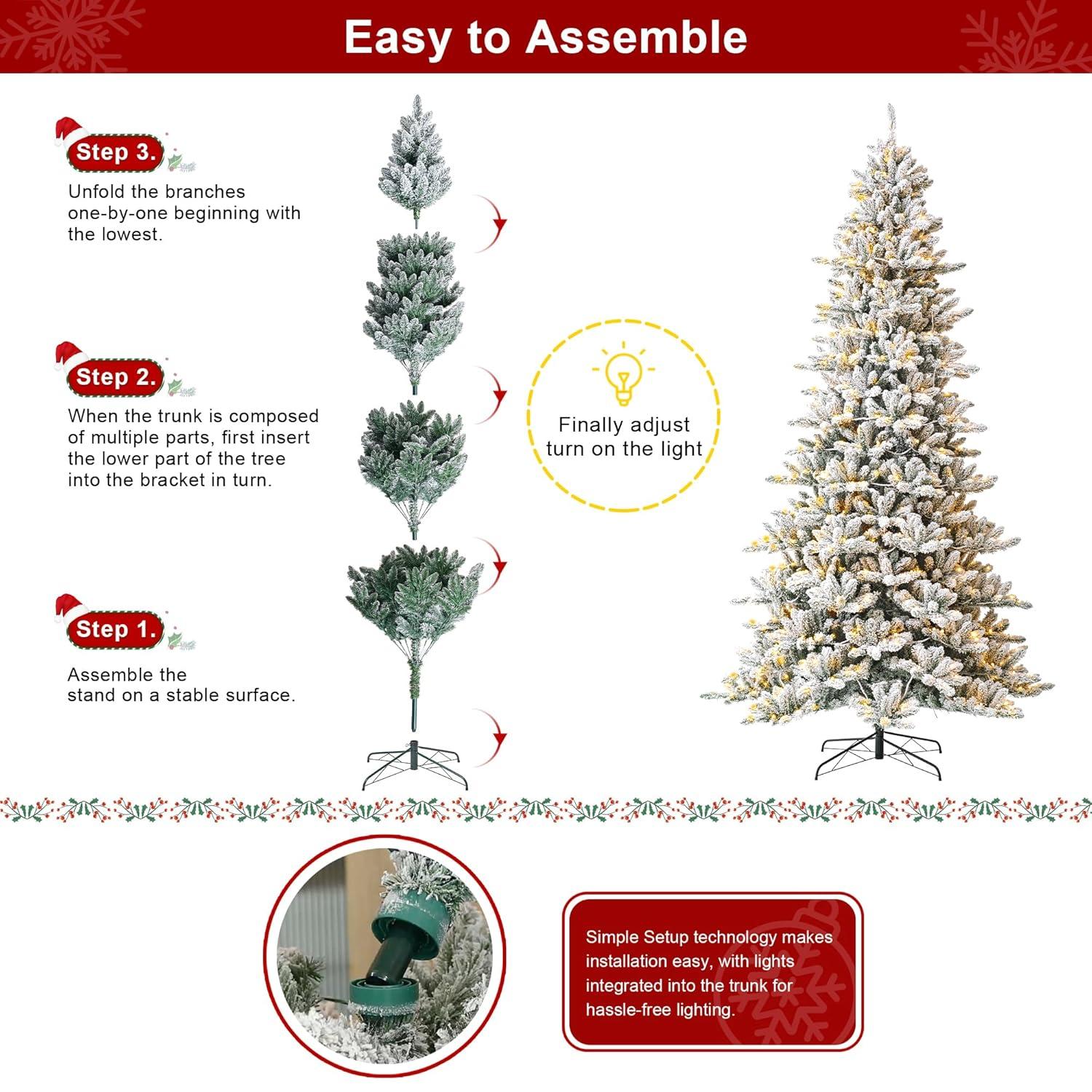 Glitz Design Glitzhome 9ft Pre-Lit Snow Flocked Fir Artificial Christmas Tree with 650 Warm White