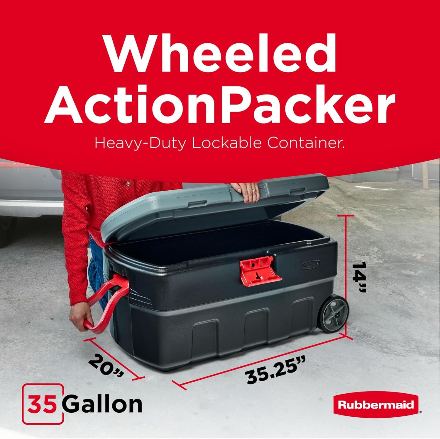 Rubbermaid Rubbermaid 35 Gal Wheeled Action Packer Heavy Duty Storage Tote with Lockable Lid
