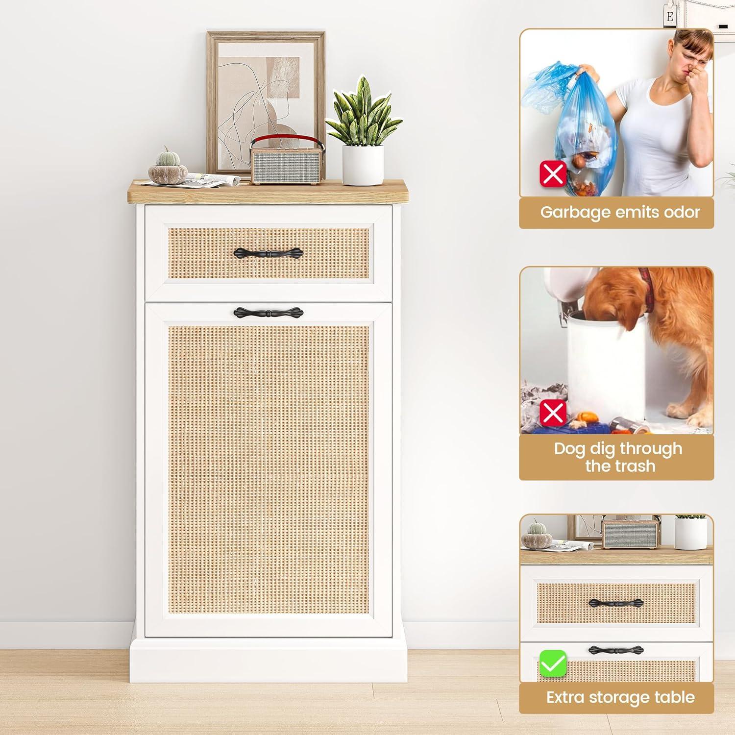 Garvee Tilt Out Trash Cabinet with Natural Rattan, Hidden Trash Can Cabinet 10 Gallon Storage Holder, Freestanding Garbage Bin Cabinet for Kitchen Dining Living Room, White