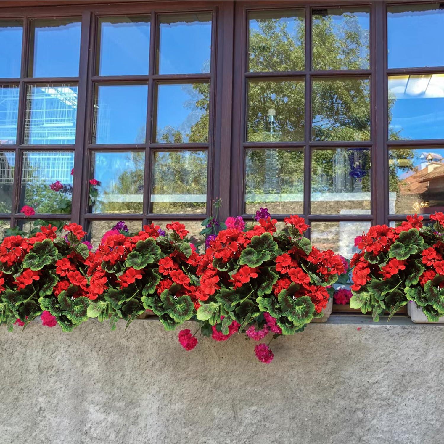 Pack of 4 - Artificial Geraniums Bundles Full Blooms Silk Flower Plants Geranium Bush Red Color for Home Garden Wedding Indoor Outdoor Decor (Red - Pack of 4)